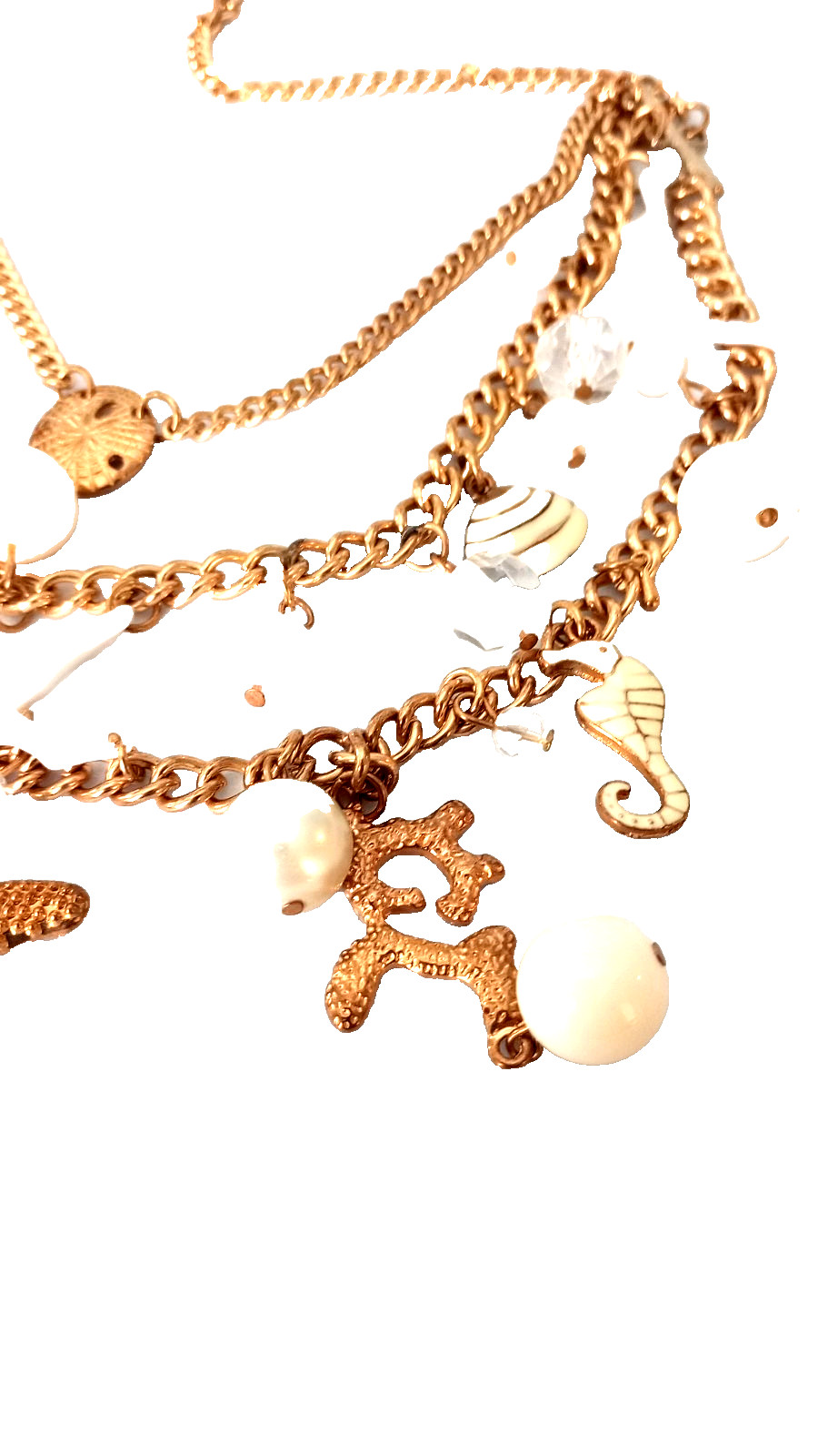 Vintage Sea Life Necklace Seahorse Starfish Shell.Gold Tone 3 Strands 24 in