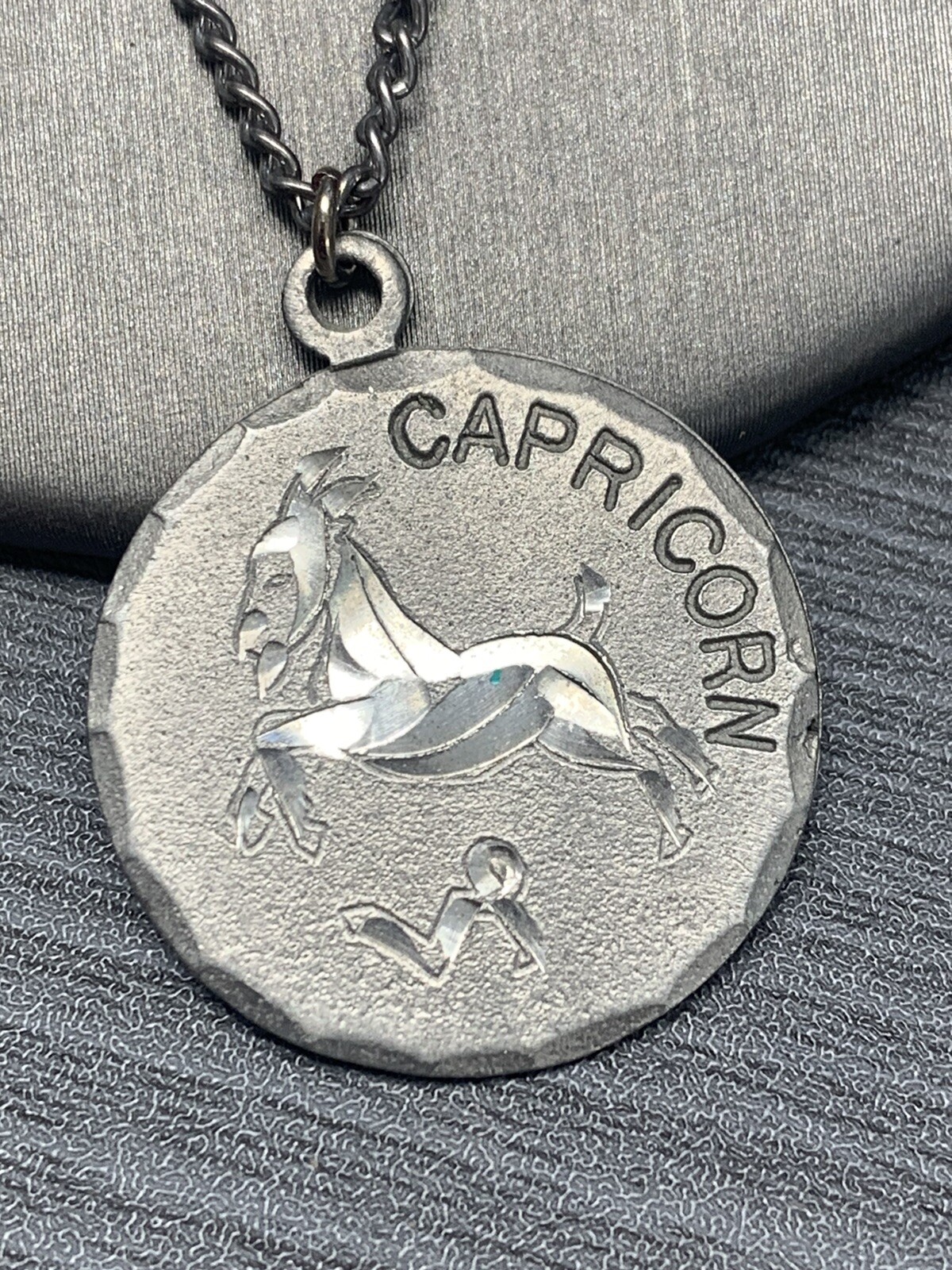 Vintage Pewter BDA Zodiac astrology Capricorn Engraved Pendant Necklace 18”