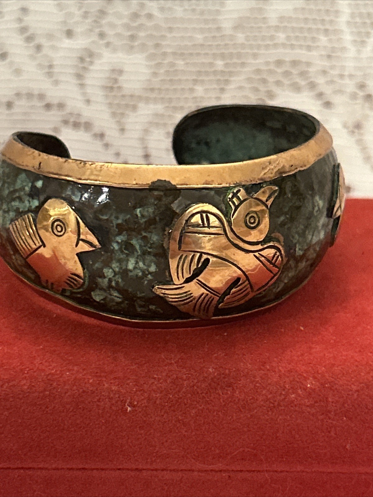 Vintage Copper & Enamel Story Cuff Bracelet With Birds~Safety Clasp