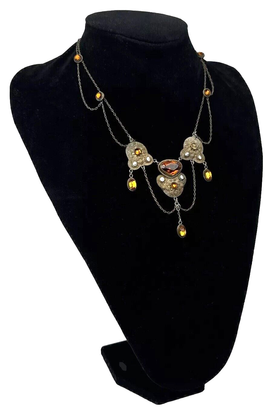 Antique Vtg Victorian Festoon Drape Swag Necklace Amber Stones Box Clasp