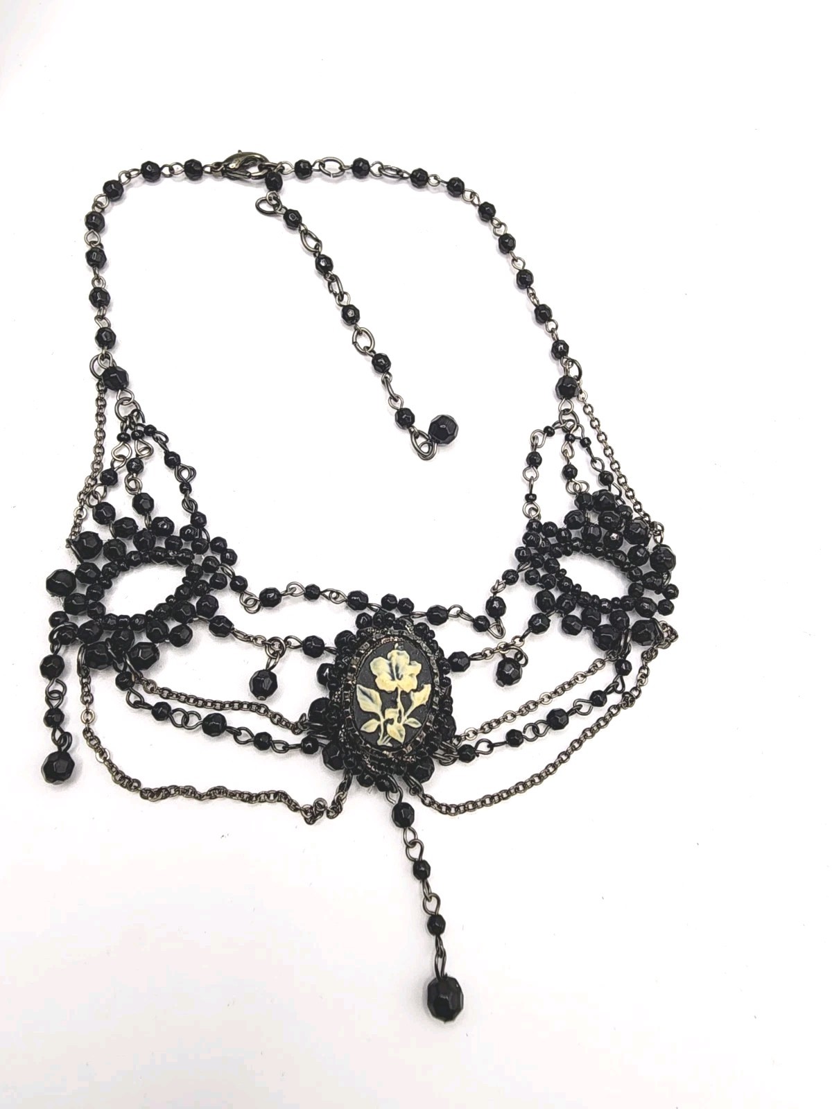 Vintage Victorian Gothic Black Beaded Choker Statement Necklace Cameo Bib Collar