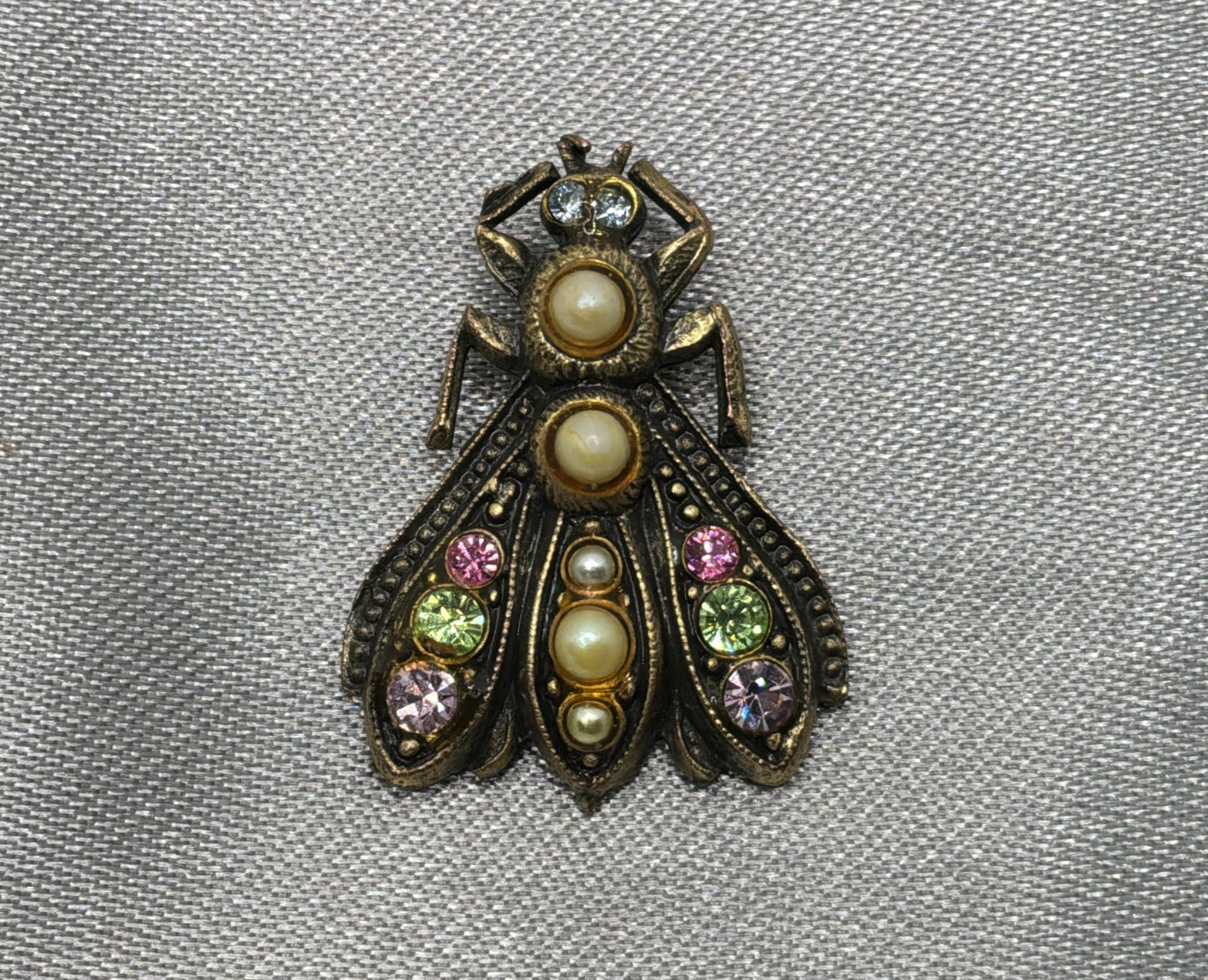 Vintage Bug Pendant Dragonfly Brooch Pin Faux Pearls Rhinestones Gold Tone READ