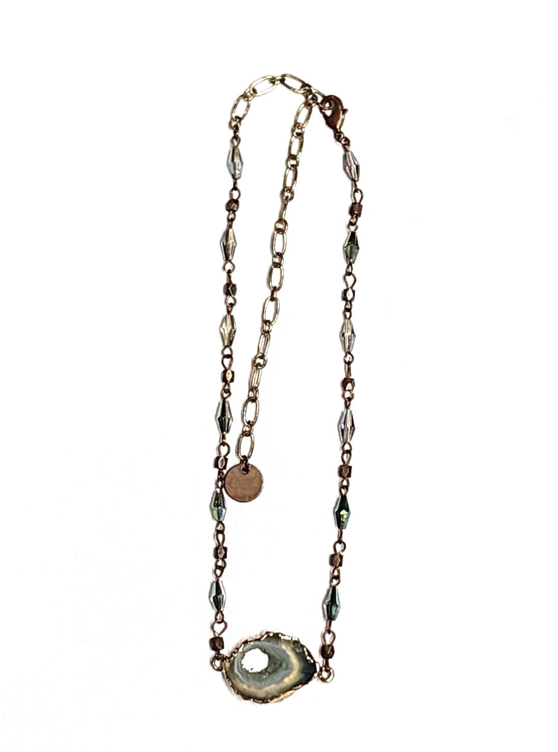 Vintage Sweet Lola Brass Blue Green Beaded Geode Pendant Necklace 17″ Choker