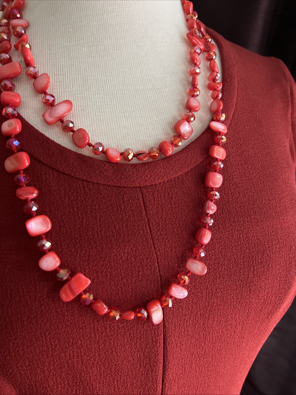 BEAUTIFUL RED MOP GLASS FACETED CRYSTAL 50” NECKLACE