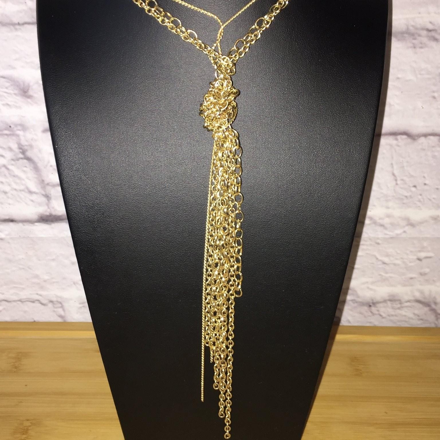 Vintage Gold Tone Lariat Y Necklace Long Chain Tassel Knot Pendant Art Deco