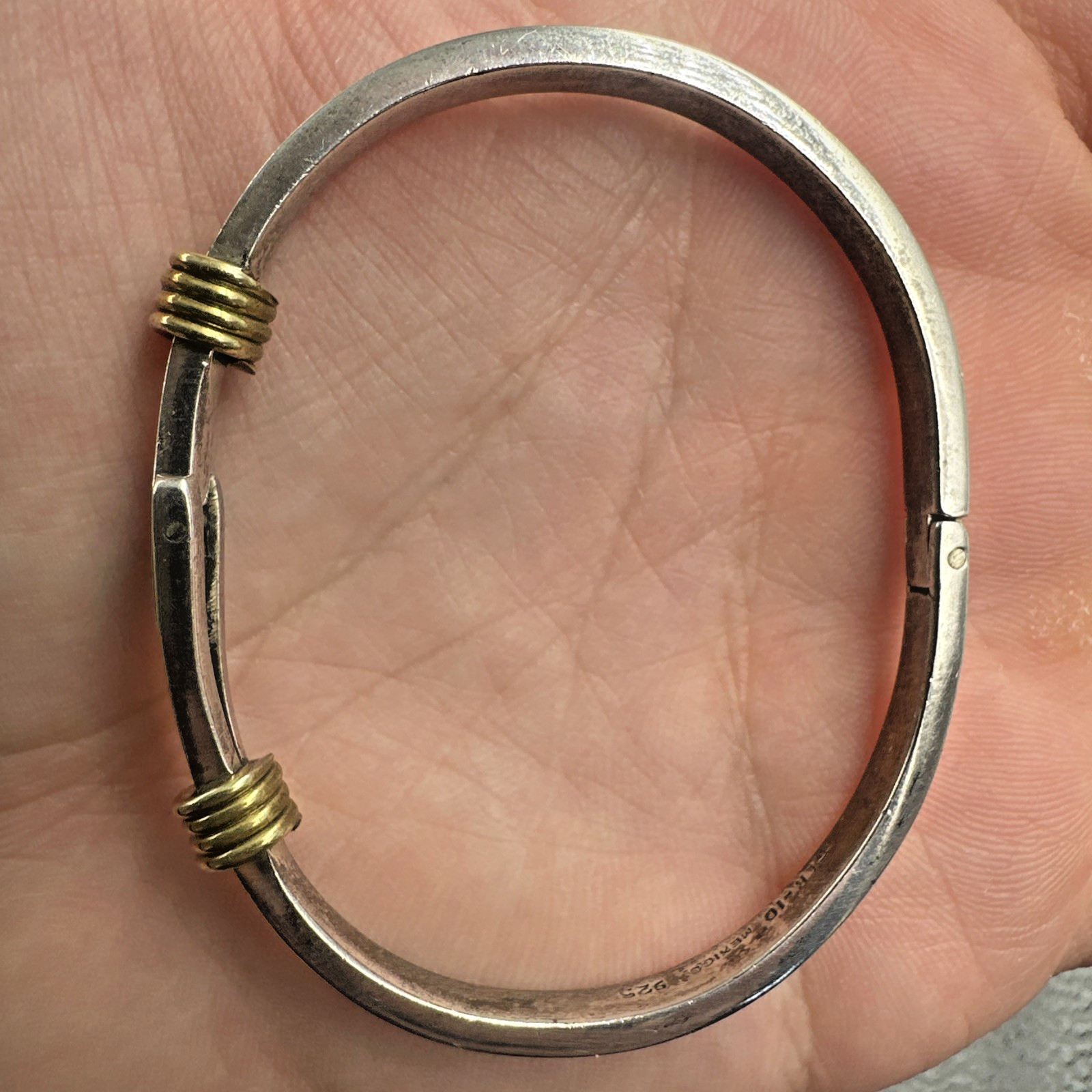 Vtg Taxco Sterling Silver Brass Accent Abstract Modernist Bangle Bracelet 24.3g