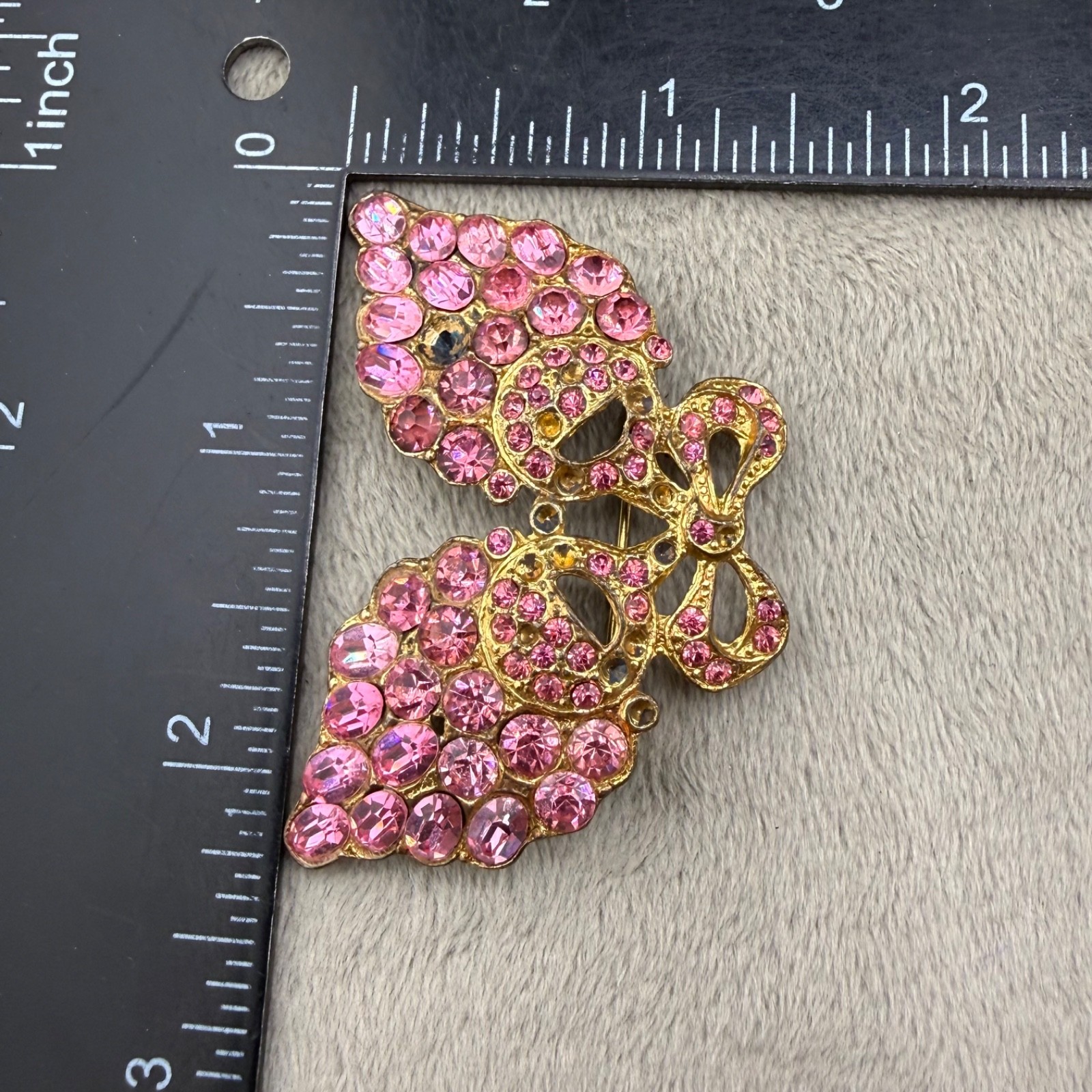 Vintage Pot Metal Rhinestone Brooch Pink Grapes Flowers Bow Gold Tone READ