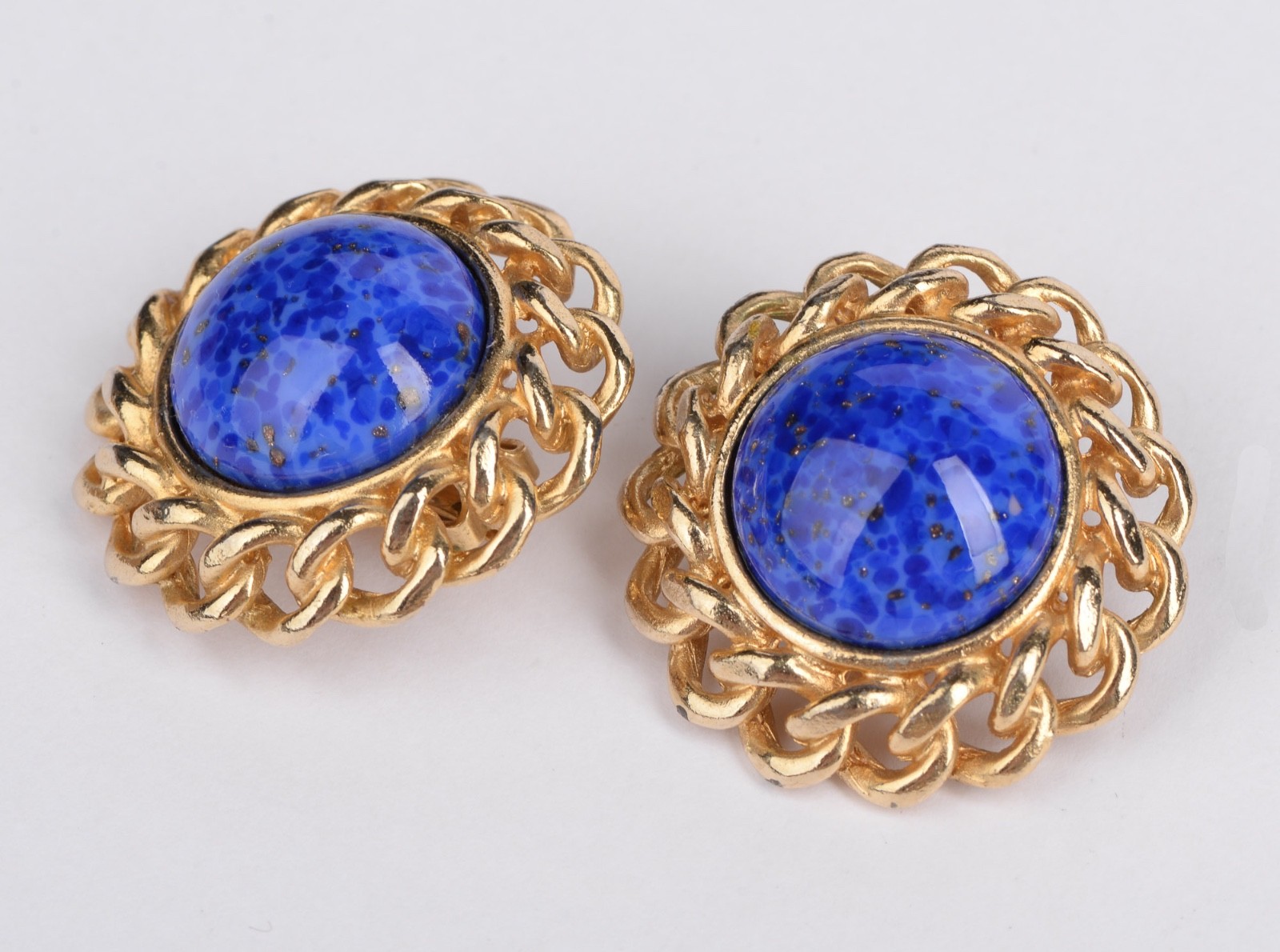 Vintage Gay Boyer Blue Cabochon Gold Tone Clip On Earrings 1.38in