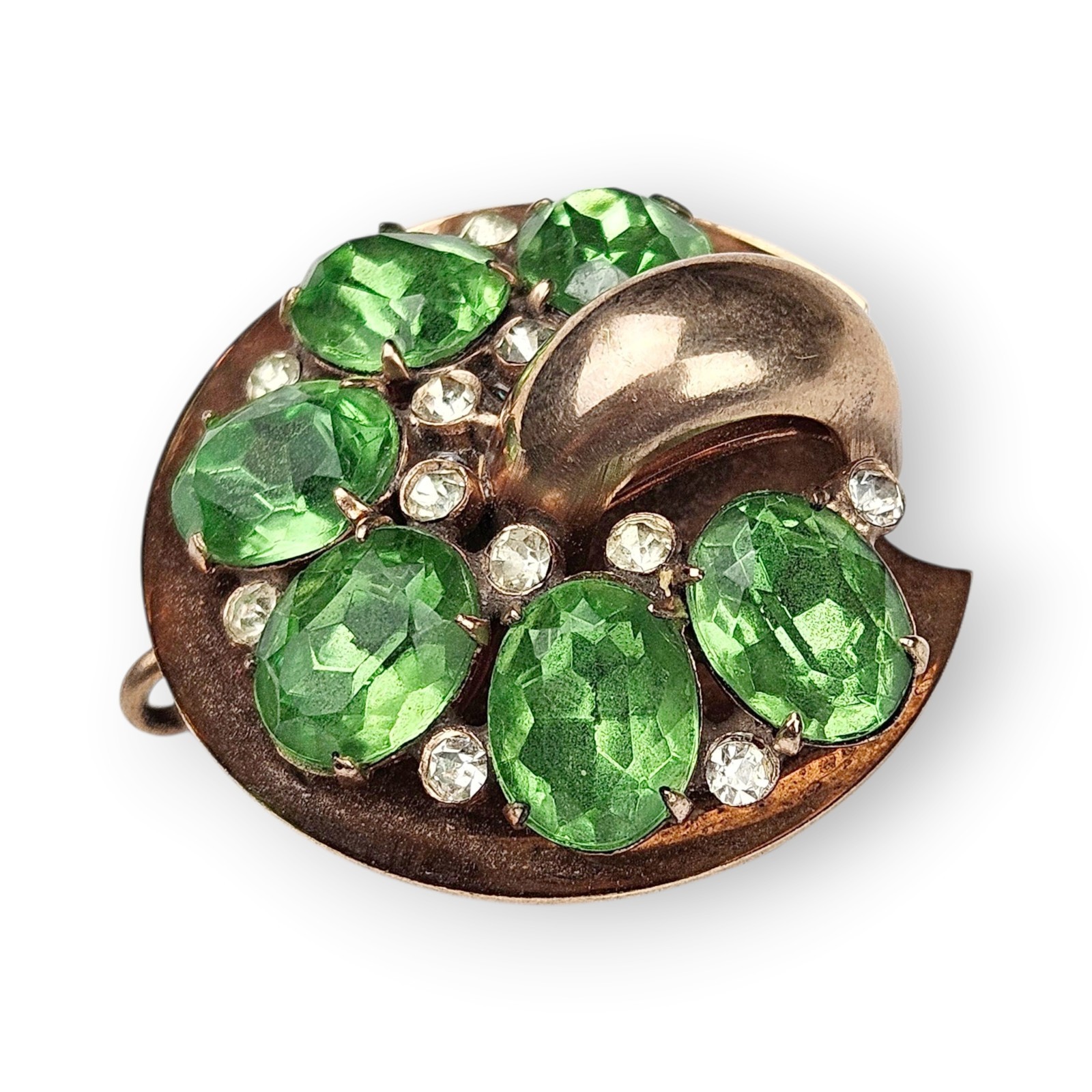 Vintage Green Rhinestone Brooch Rose Gold Plate Lee-Rose Watch Holder Chatelaine