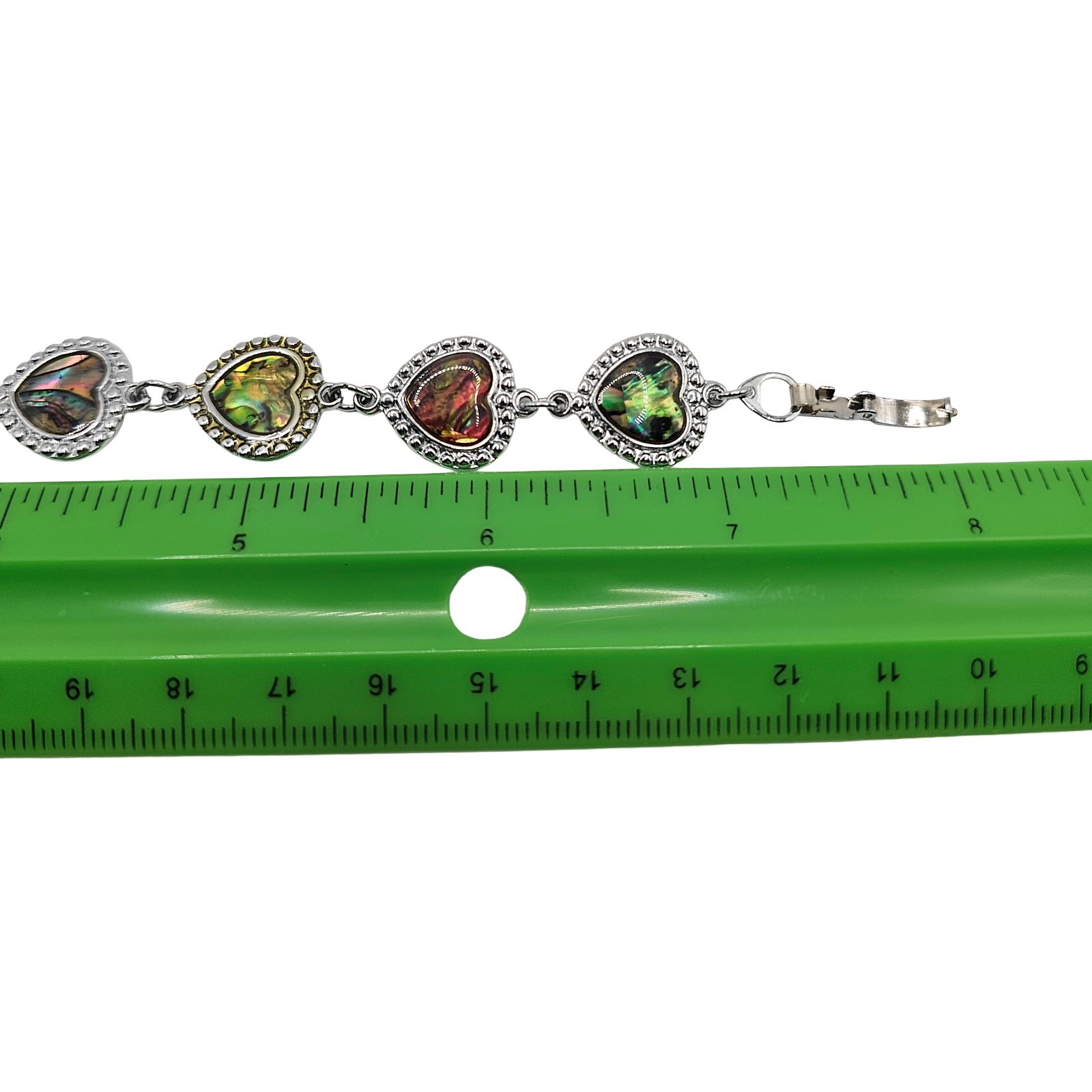 Vintage Abalone Paua Shell Heart Link Bracelet Silver Tone Iridescent Boho MOP