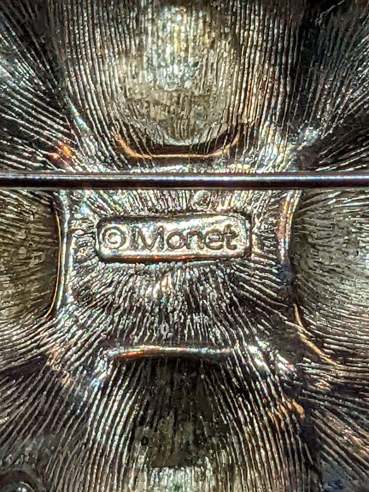 Vintage Monet Gothic Revival Brooch Ornate Silver Tone Pin Black Faux Onyx 70s