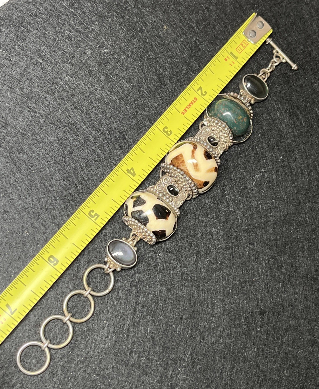 Vintage Sajen Sterling Silver Multi Dzi Mud Stone Bloodstone Bracelet 7″ 50g