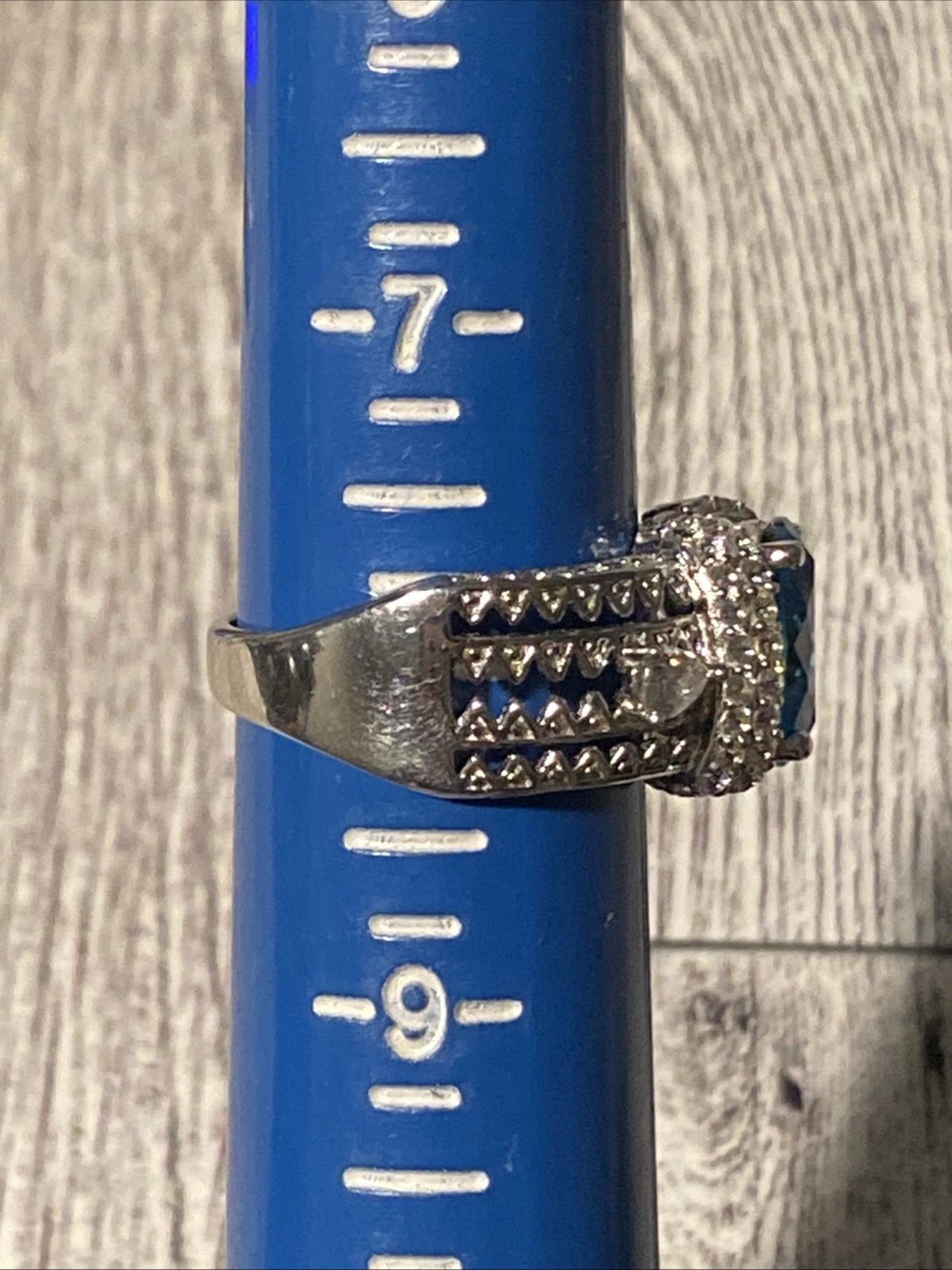 Sz 8 Cushion Cut 925 Ring Blue Topaz Color Stone Sterling Silver Filigree Signed