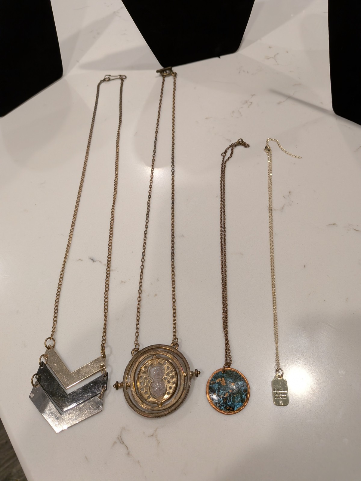 Lot of 4 Statement Necklaces | Chevron Geometric, Time Turner Style – Gold Tone