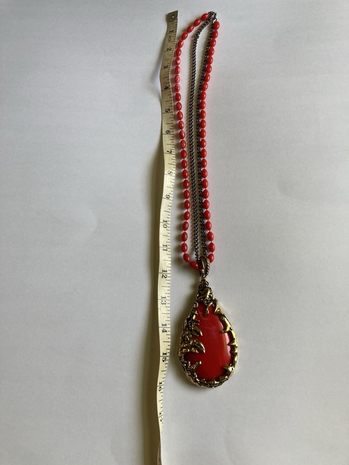 Vintage 1960s Brutalist Love Witch Necklace Deep Coral Lucite Gold Pendant