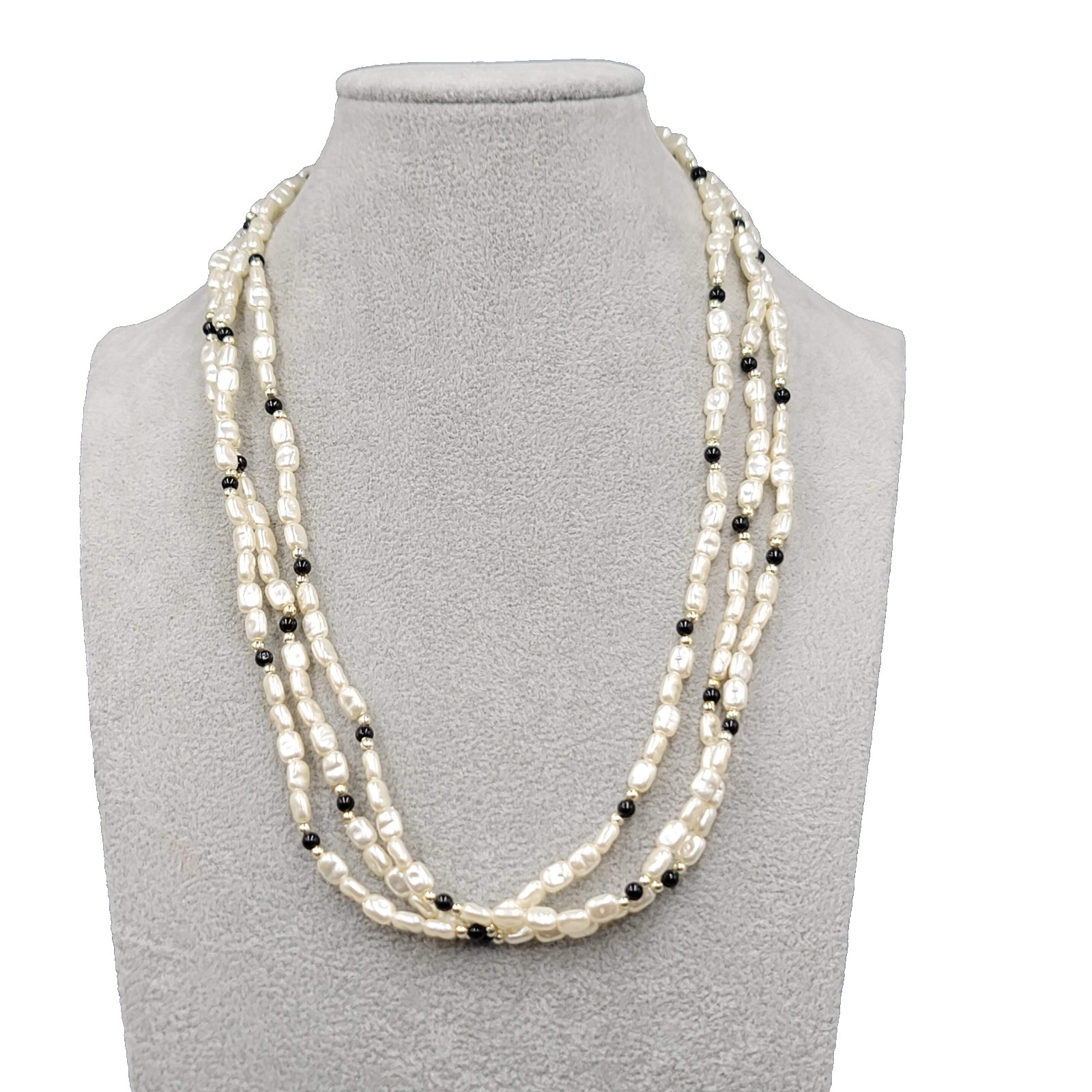 Vintage White Black Beaded Necklace Estate Costume Jewelry Very Long 64″