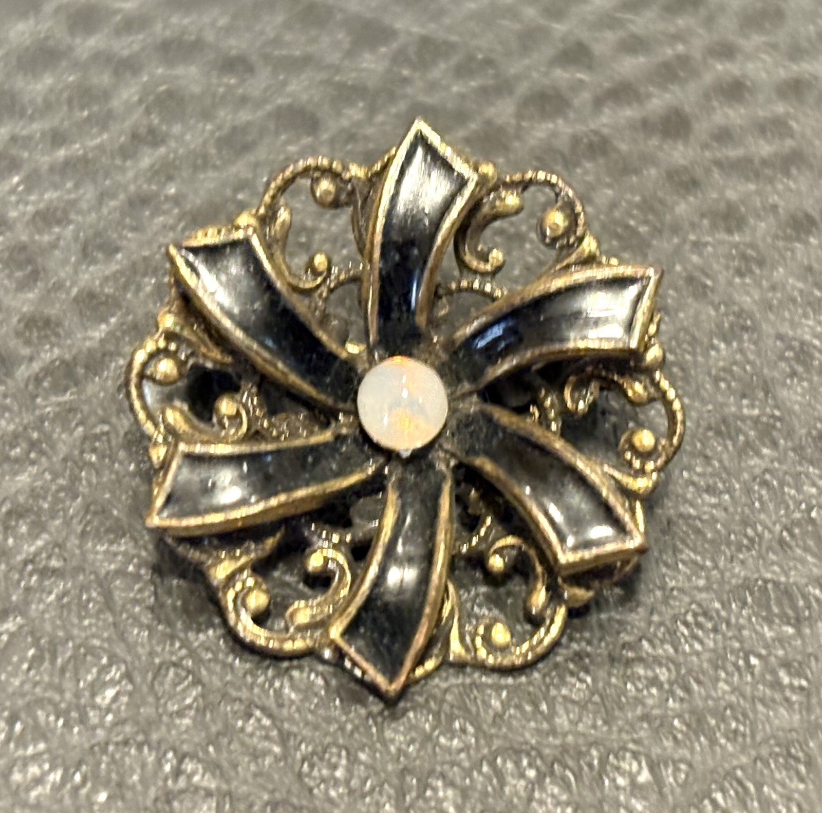 Vintage Victorian Black Enamel Gold Tone Faux Jelly Opal Flower Brooch Pin