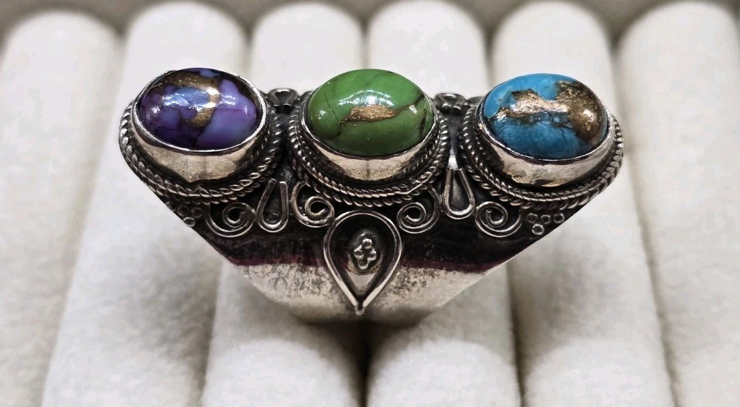 Vtg Blue, Purple & Green Copper Turquoise 925 Sterling Silver Handmade Ring Sz 6