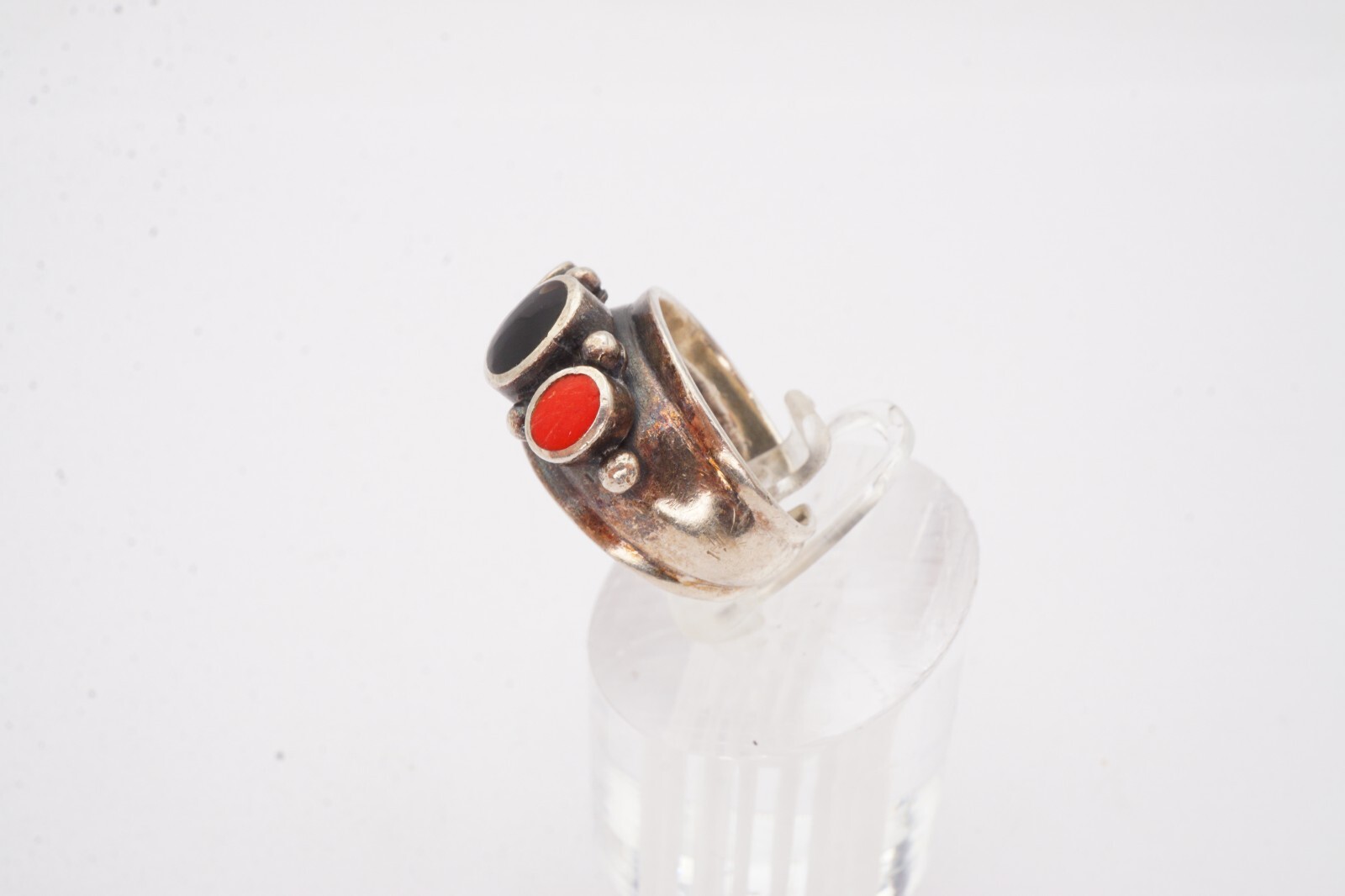 Vintage Sterling Silver 925 Black Onyx Lapis Coral Ring Size 4.25