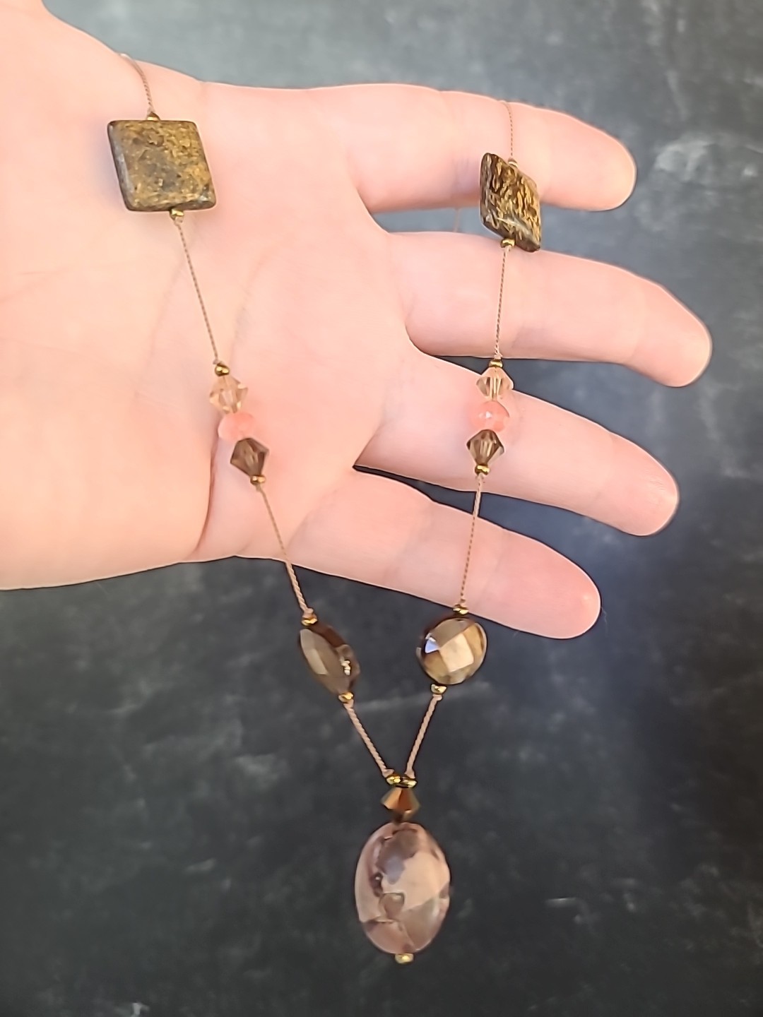 925 Sterling Rhodochrosite, Jasper & Bronzite Beaded Station Pendant Necklace