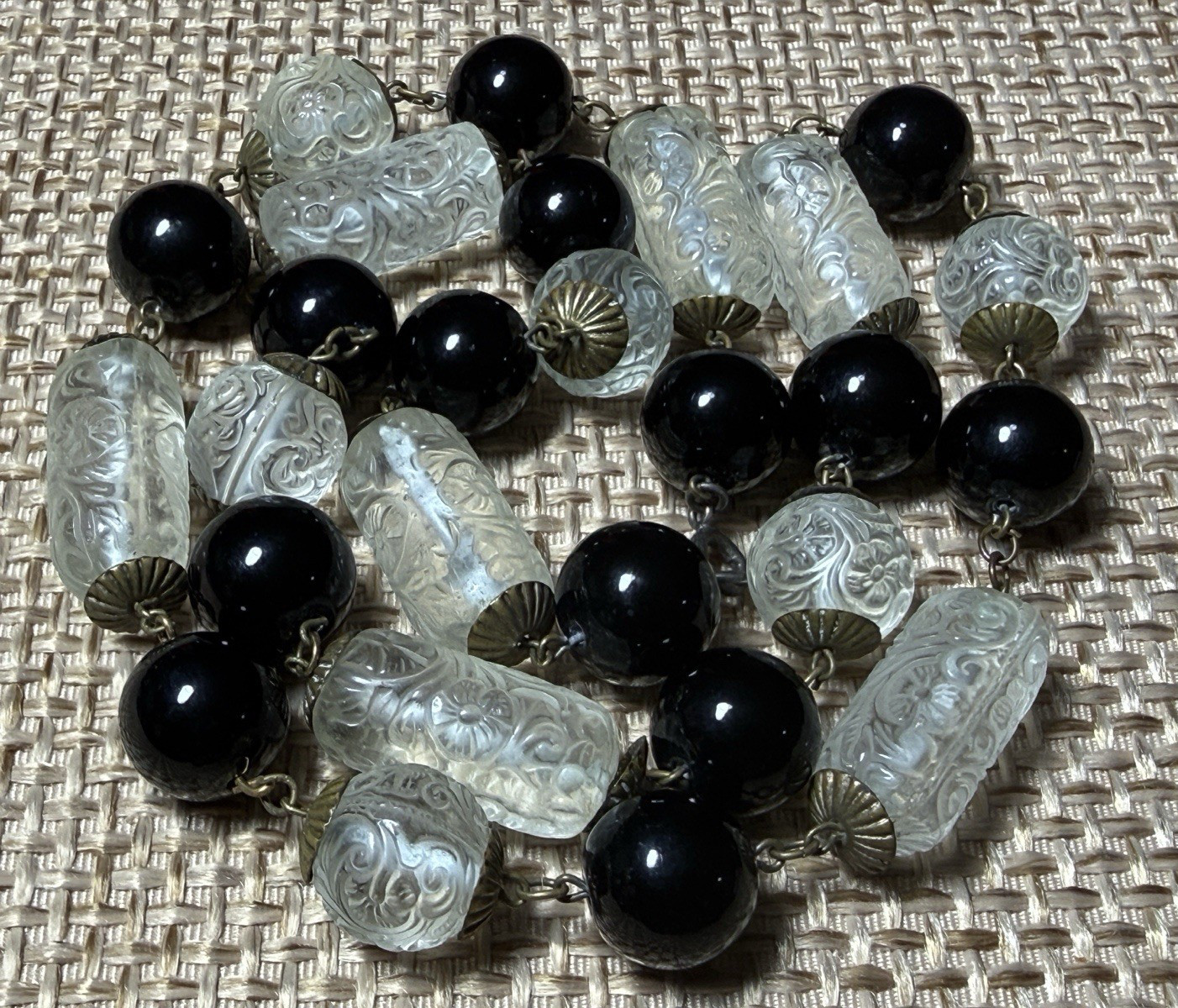 Vtg Molded Pressed Glass Bead Necklace Embossed Floral Art Deco Black Clear