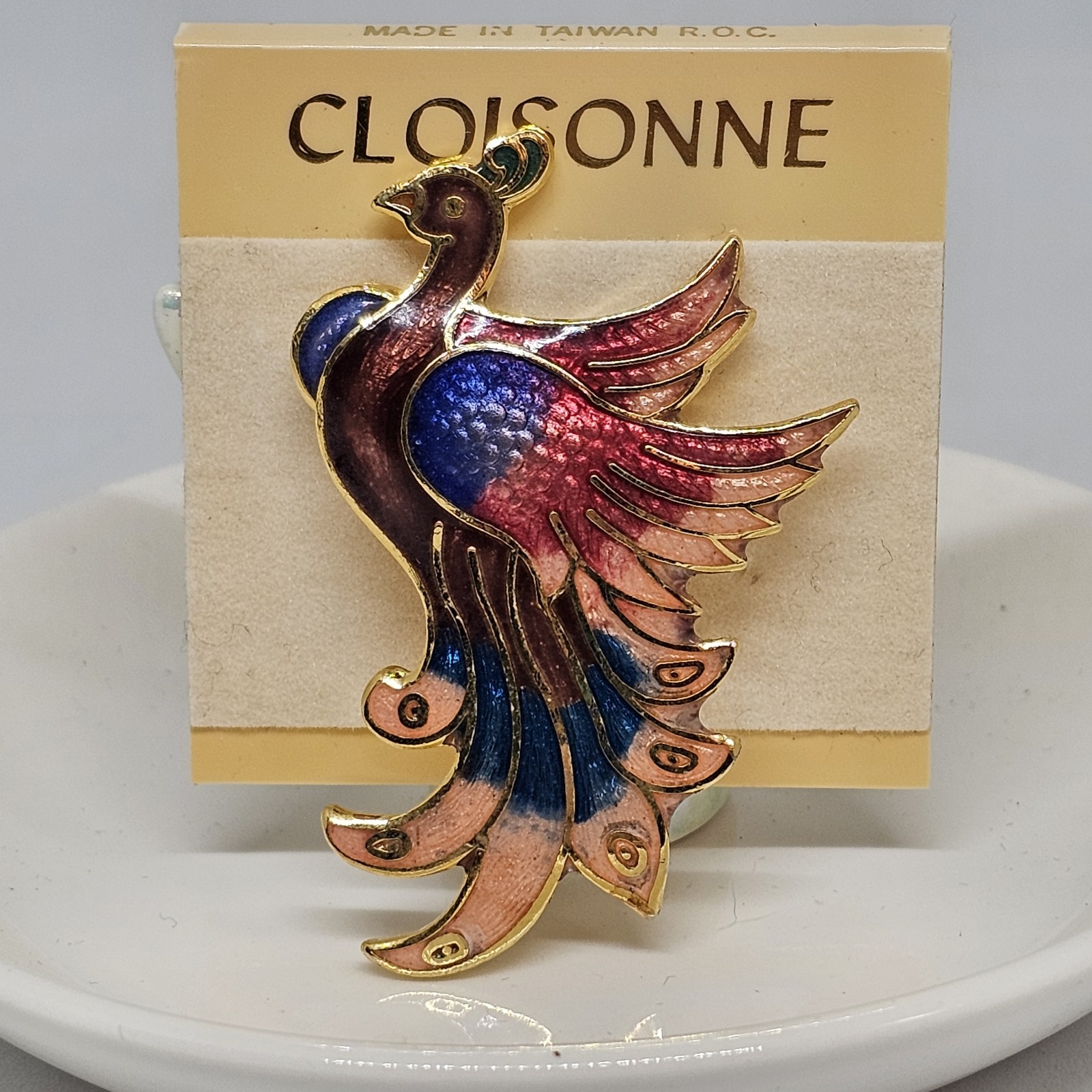 Vintage Cloisonne Enamel Bird Brooch Pin Blue Red Gold Bird
