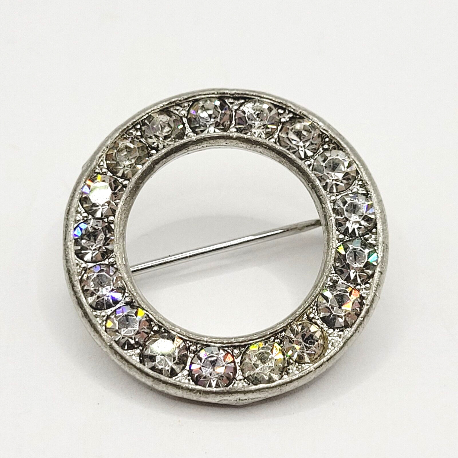 Sparkly Rhinestone Ring Circle Silver Tone Scatter Scarf Brooch Pin Vtg 1970s