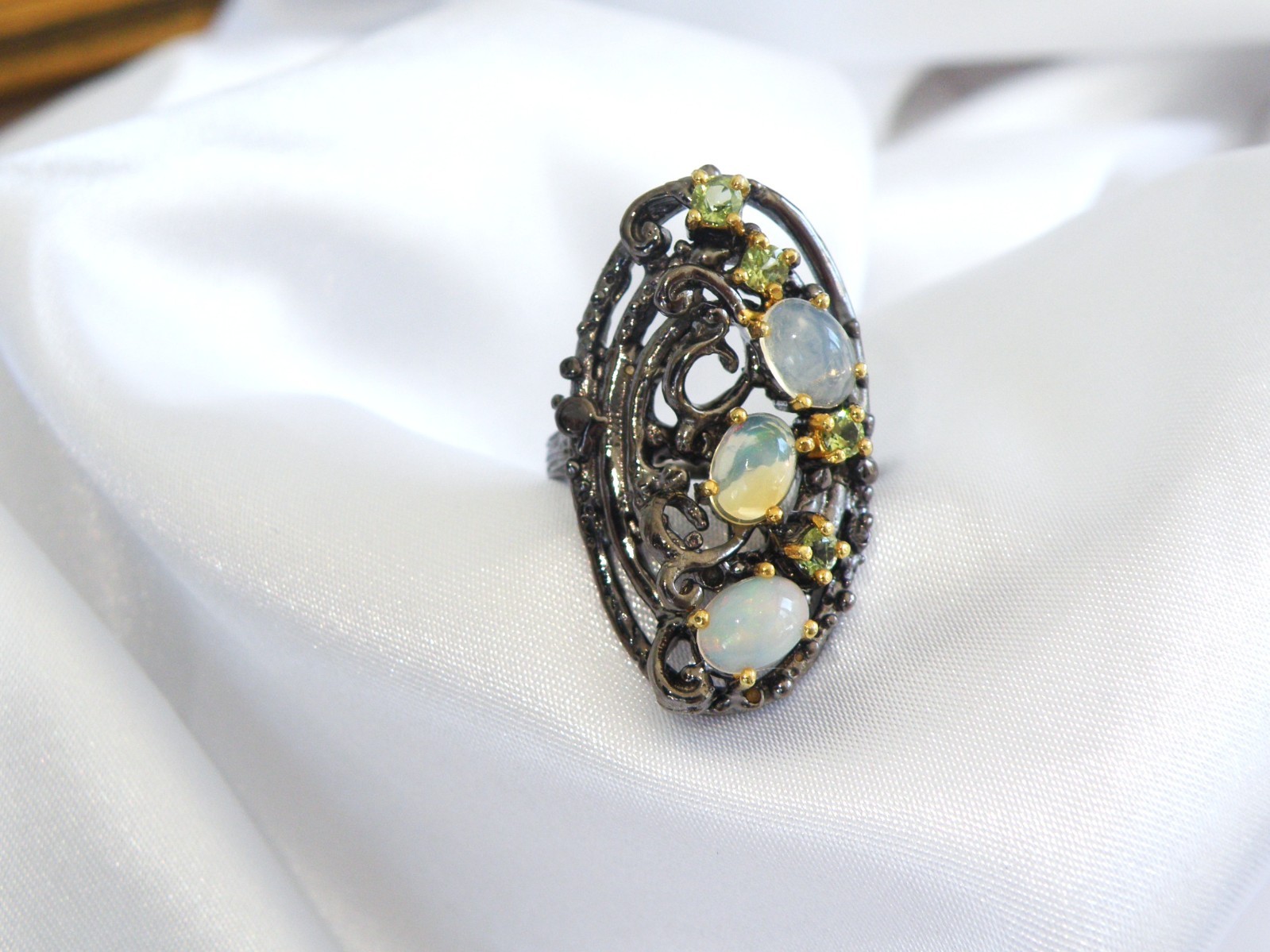Brutalist Sterling Silver 925 Ethiopian Opal Peridot Modernist Ring Size 8
