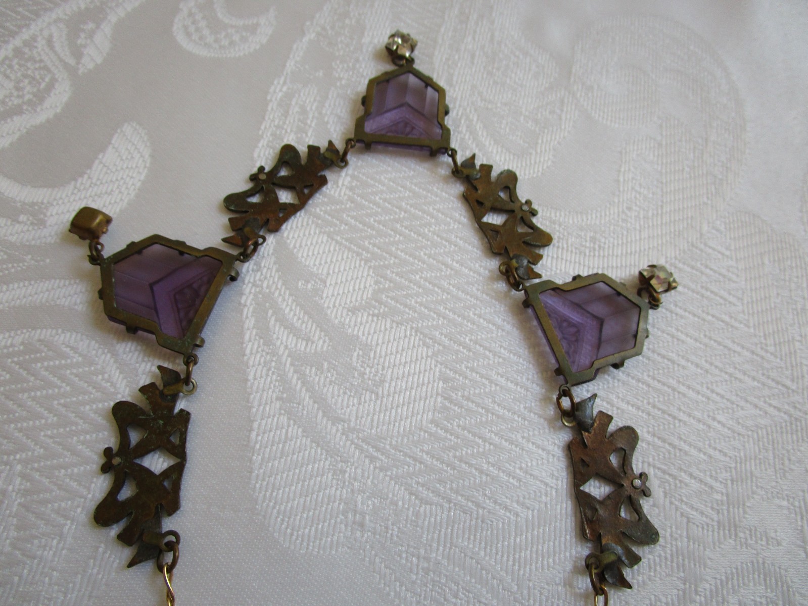 Vintage Glass Works Studio Purple Glass Clear Rhinestone Necklace 19” L Rare