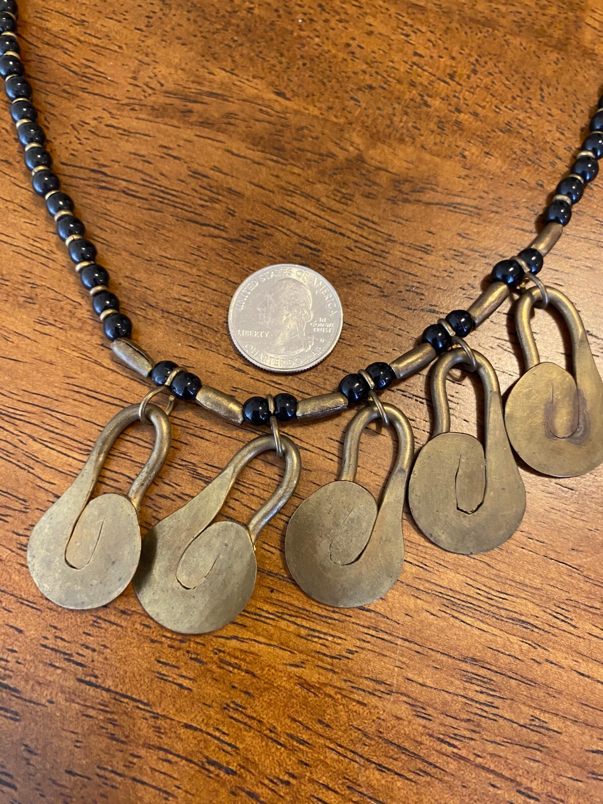 Vintage Black Onyx Bead & Hammered Brass Charm Pendant Necklace Artisan