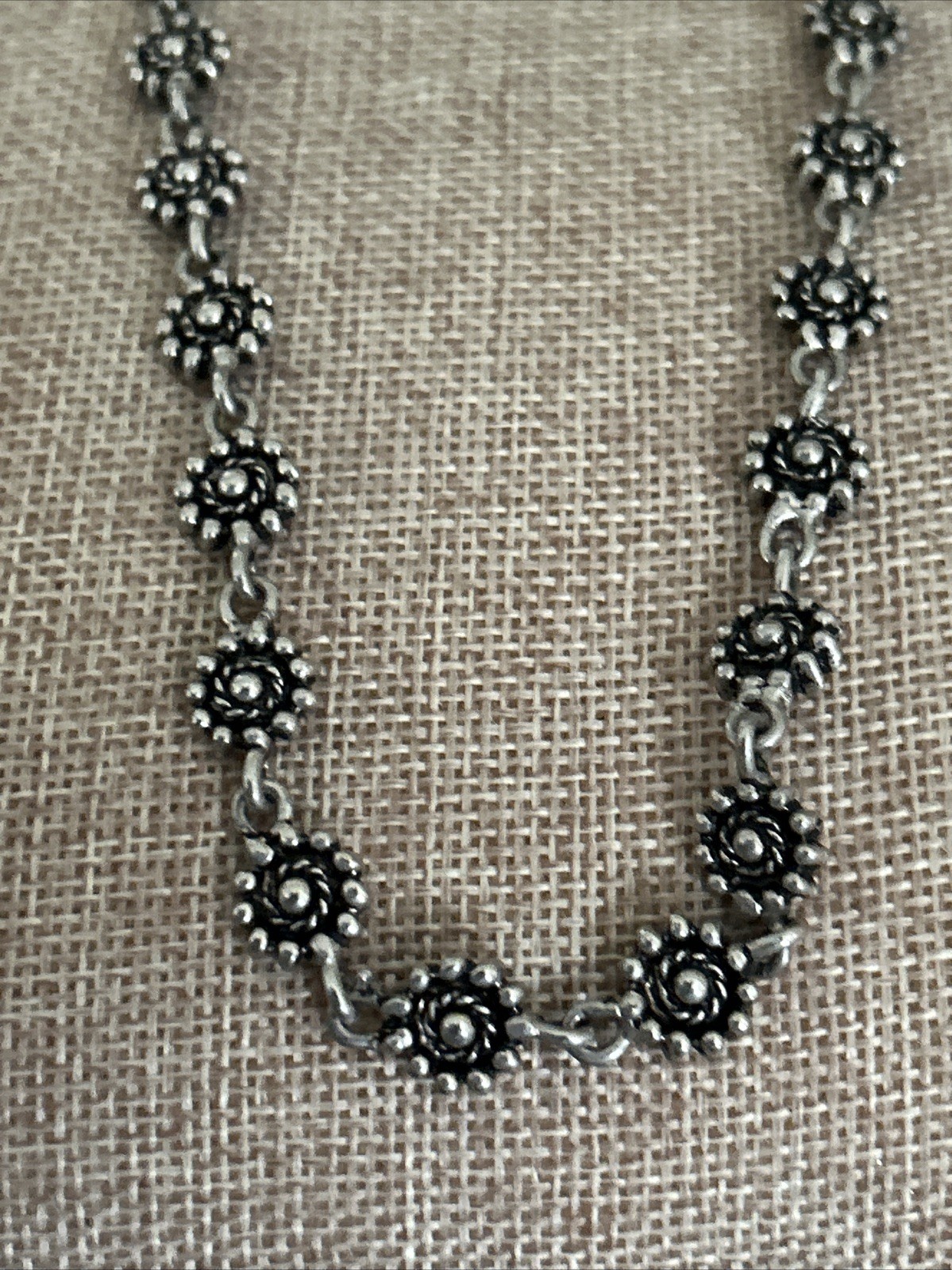 Vintage Boho Sunflower Floral Flower Link Bali Style Silver Necklace Unique 18”