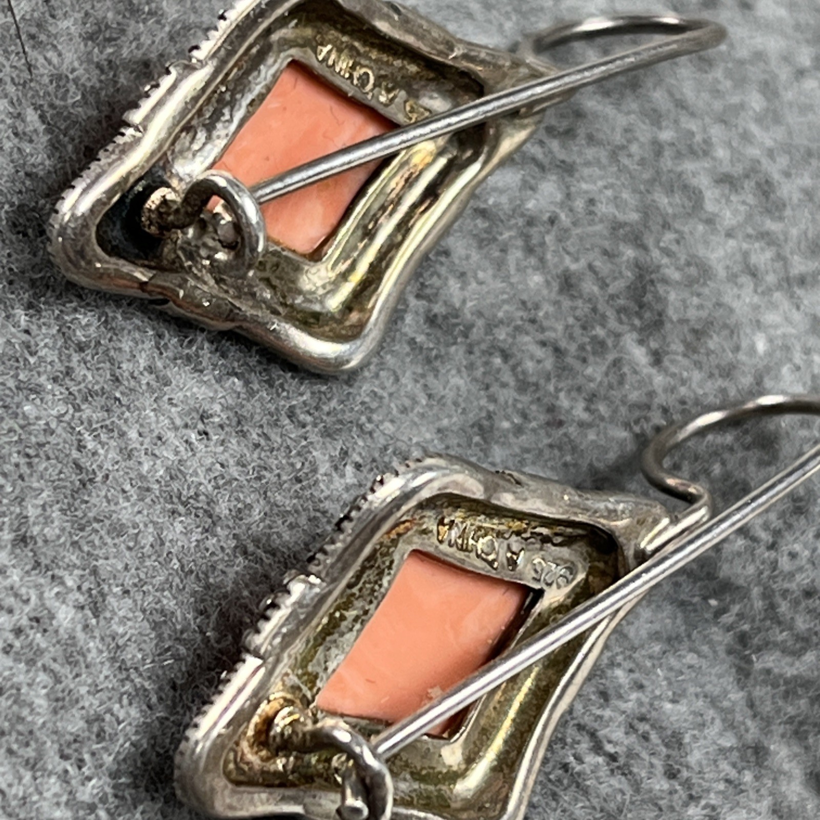 A 925 Vintage Sterling Silver 925 Marcasite Faux Coral Dangle Earrings 6.9g