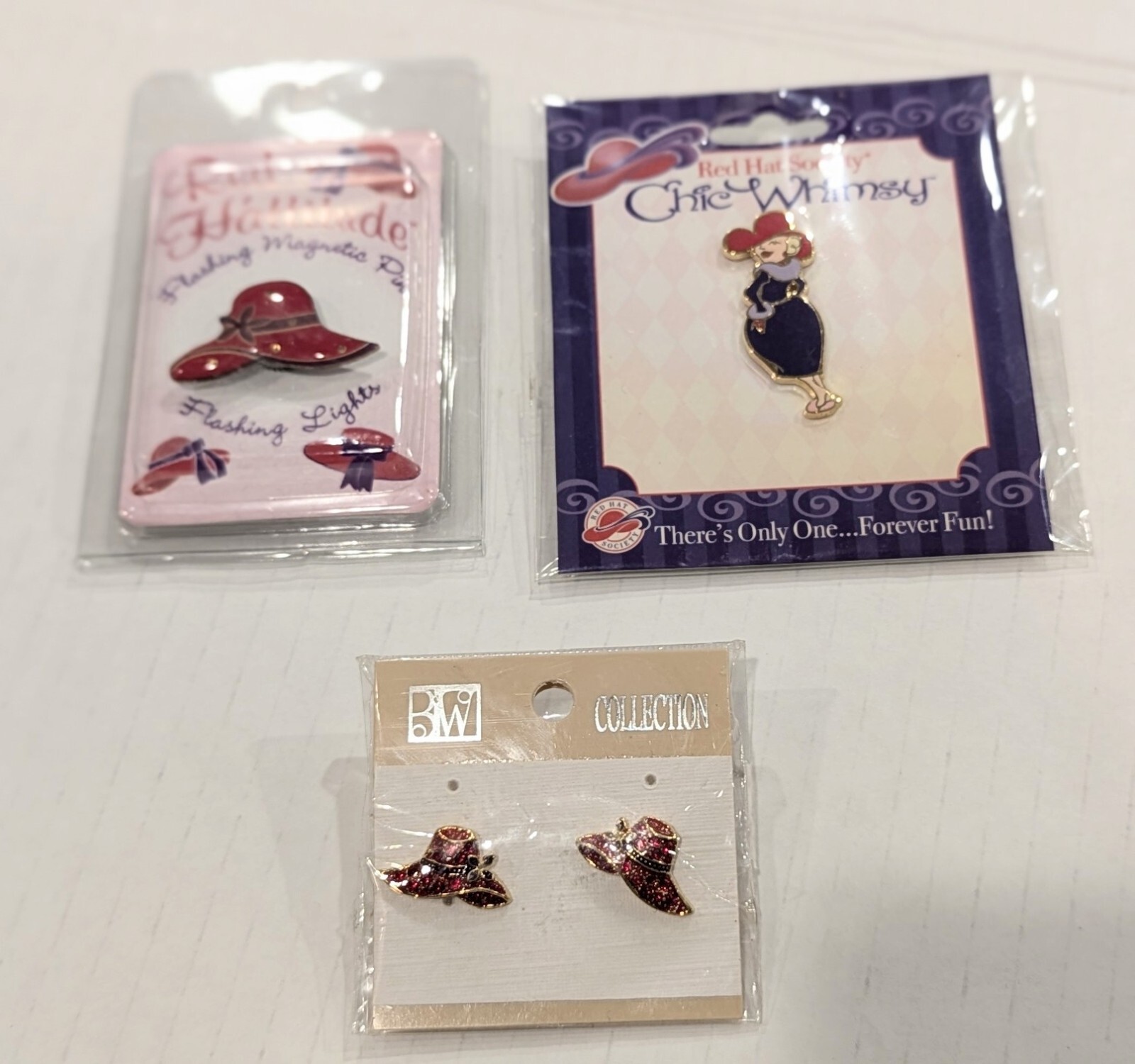 Red Hat Society Brooches Pins Earrings (2) Are New In Original Packaging