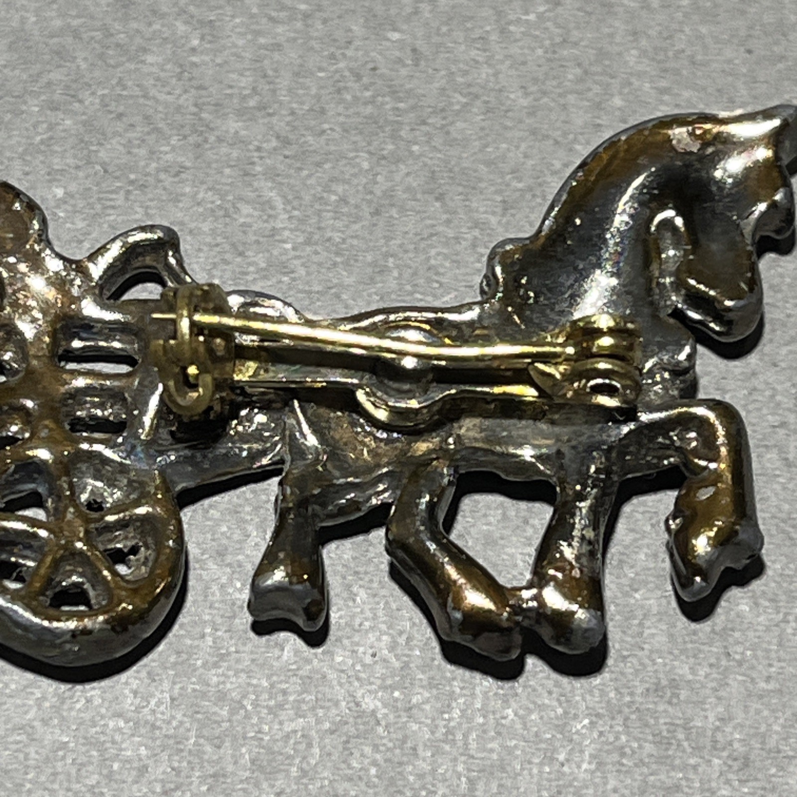 Horse & Carriage Brooch W/ Rhinestone Accent Rollover Safety Lapel Pin