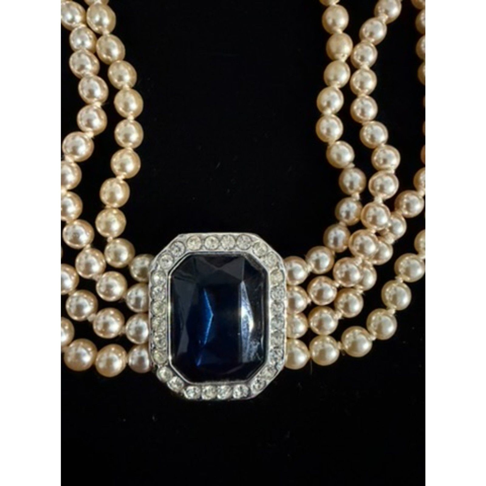Kenneth Jay Lane Signed, 4 Strand Faux Pearl Choker with Central Sapphireed Ear