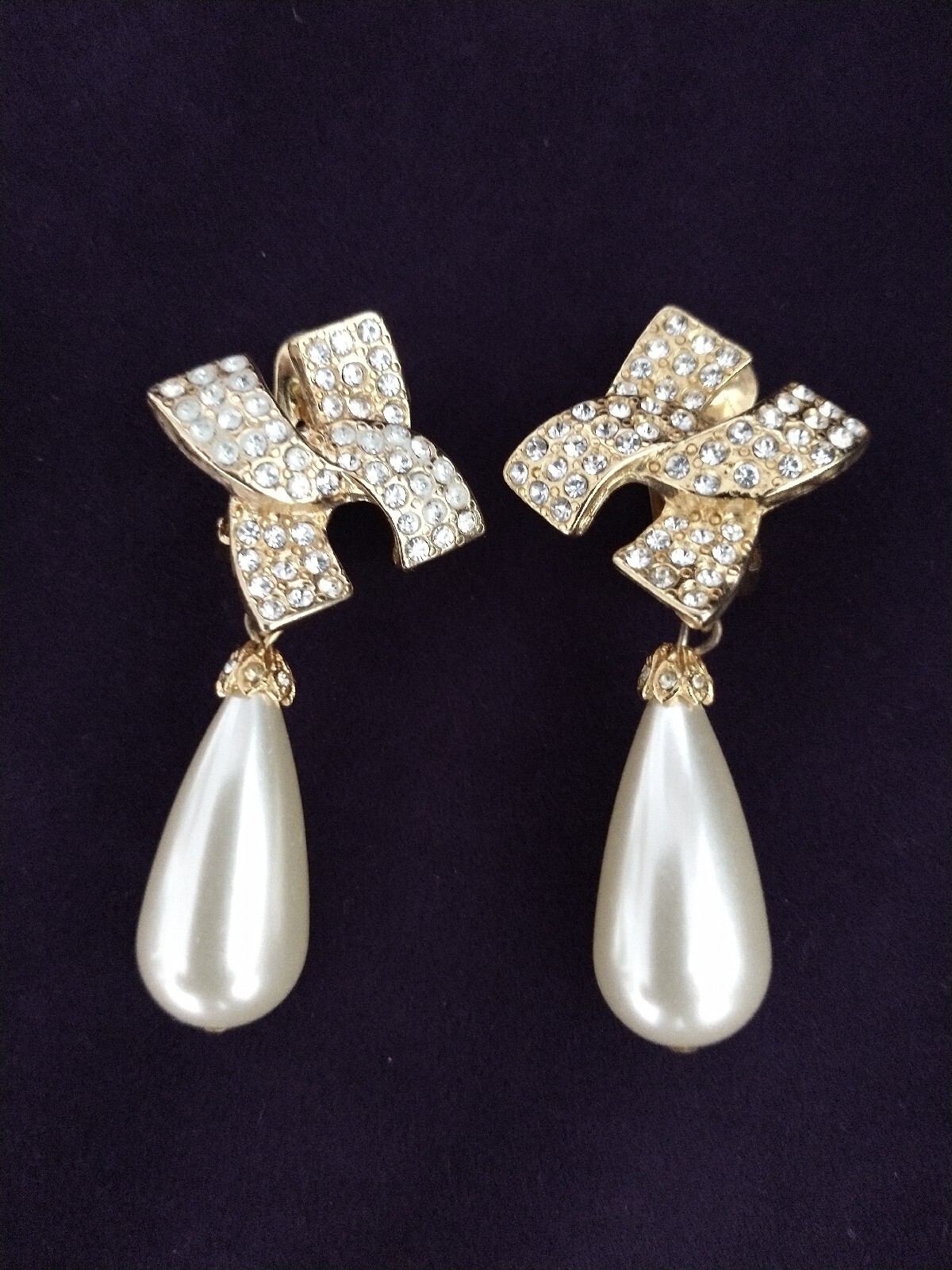 Vintage Kjl Kenneth Lane Faux Pearl Drop With Rhinestones Clip Earrings Signed