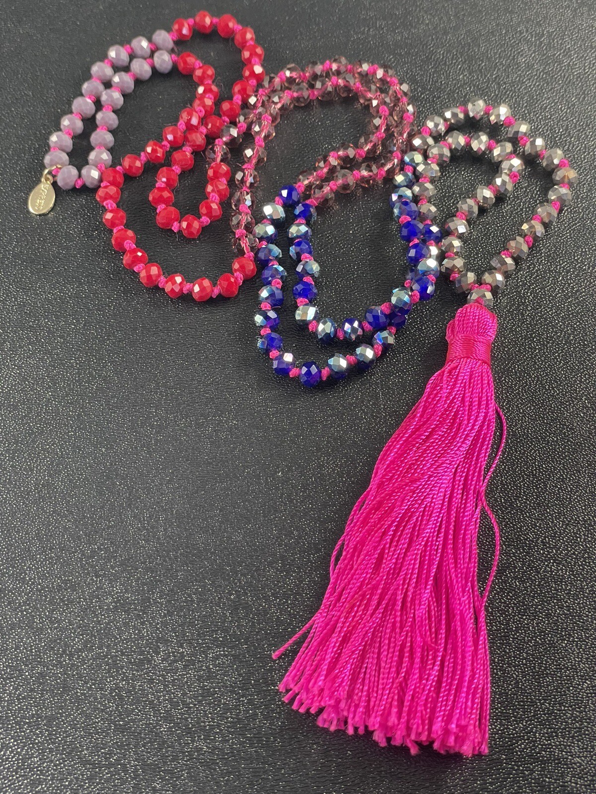 EXPRESS Signed Vintage Pink Tassel Necklace 36” Purple & Red Faceted Lucite Bead