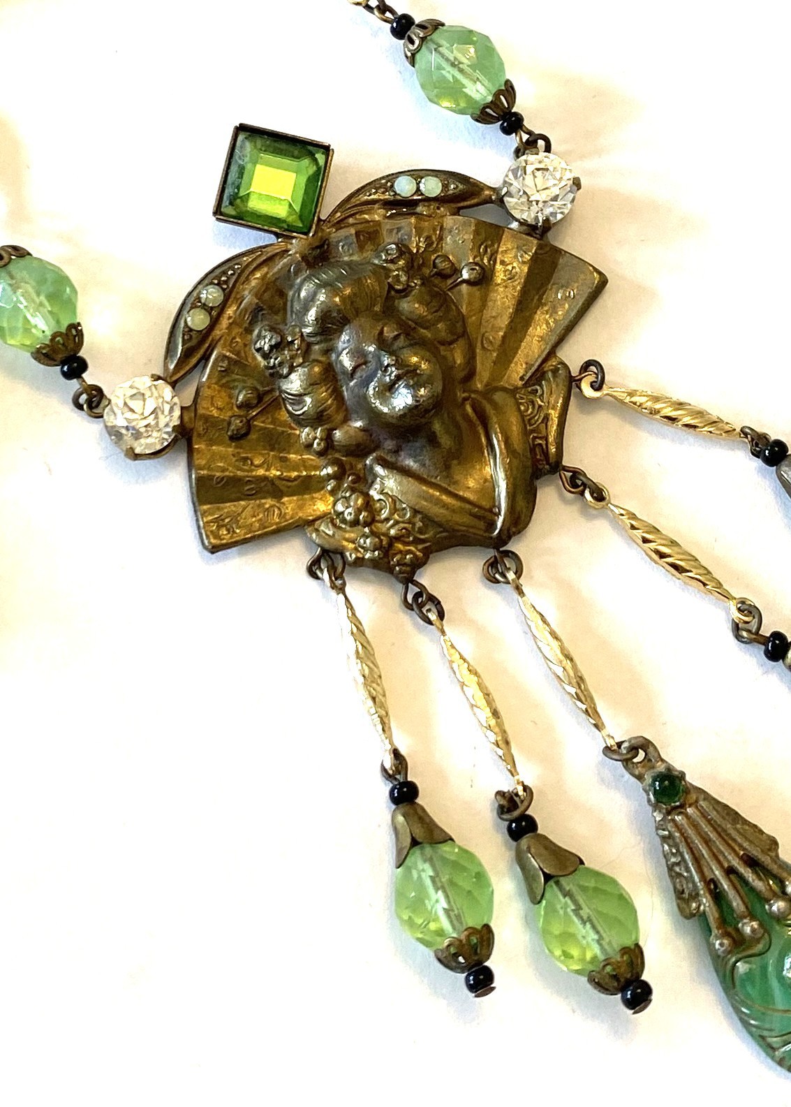 Vintage Art Deco Czech Glass Necklace- Geisha & Fan Motif, Green Glass Beads.
