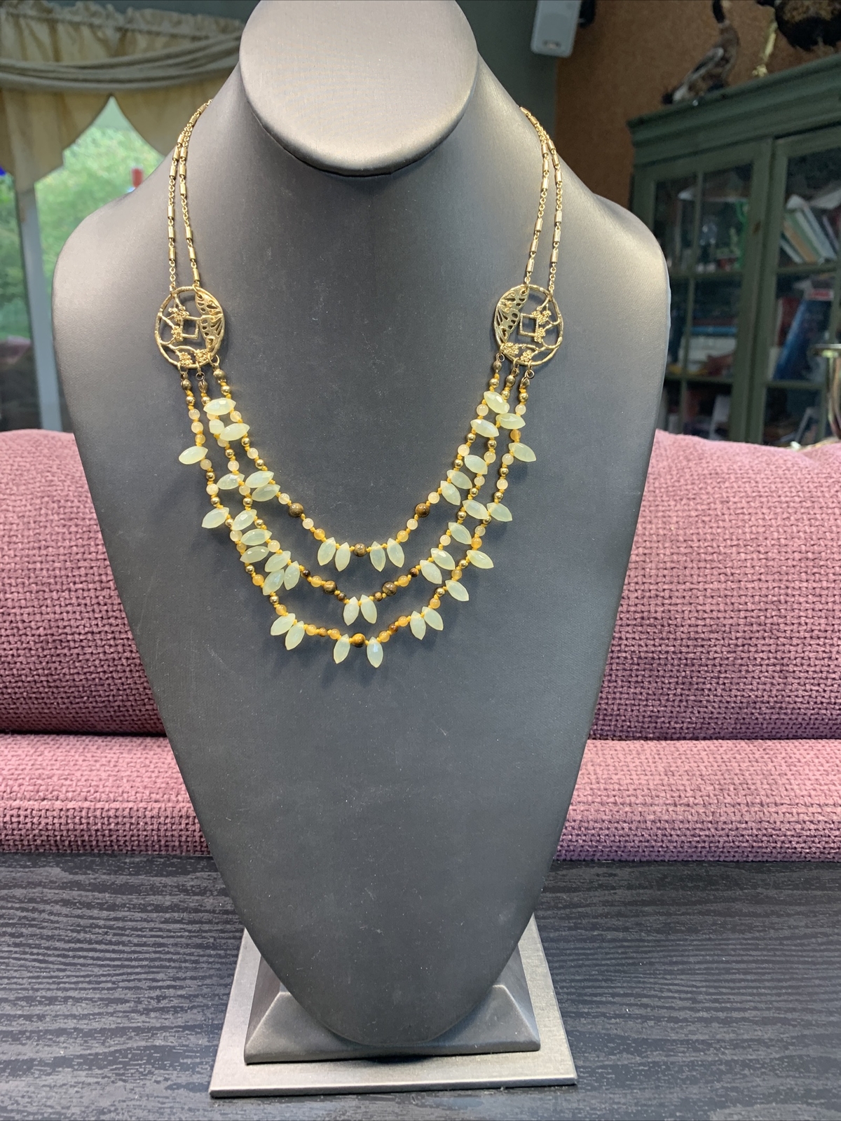 Vintage Tiger’s Eye Pale Green Jade Layered Oriental￼ 3 Strand Necklace 18”