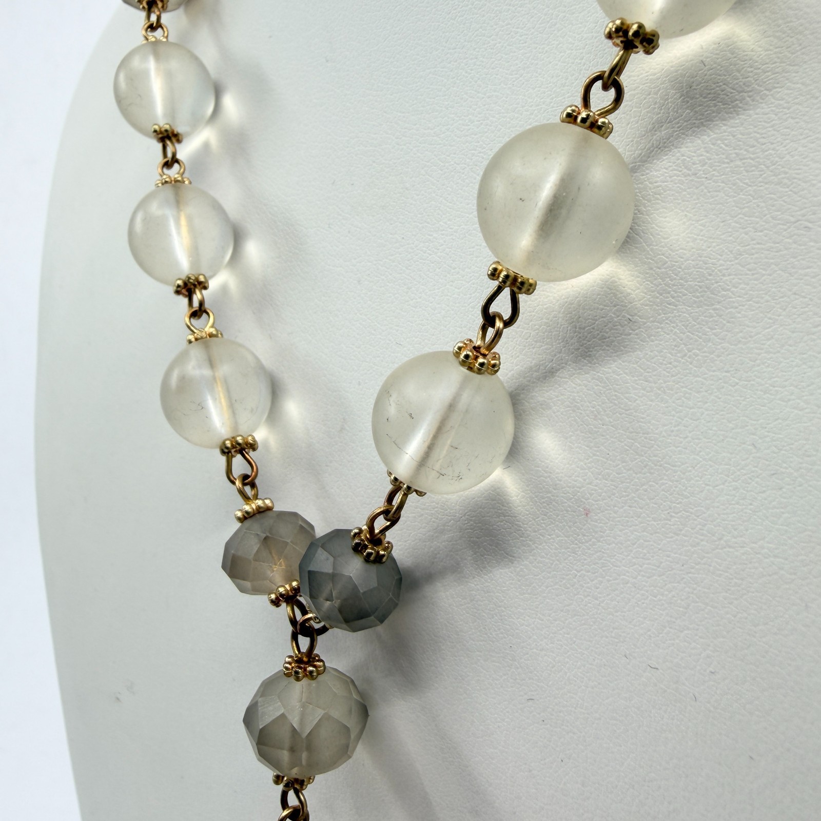 Vintage Boho Suede Tassel Pendant Necklace Gray Glass Beaded Long Statement