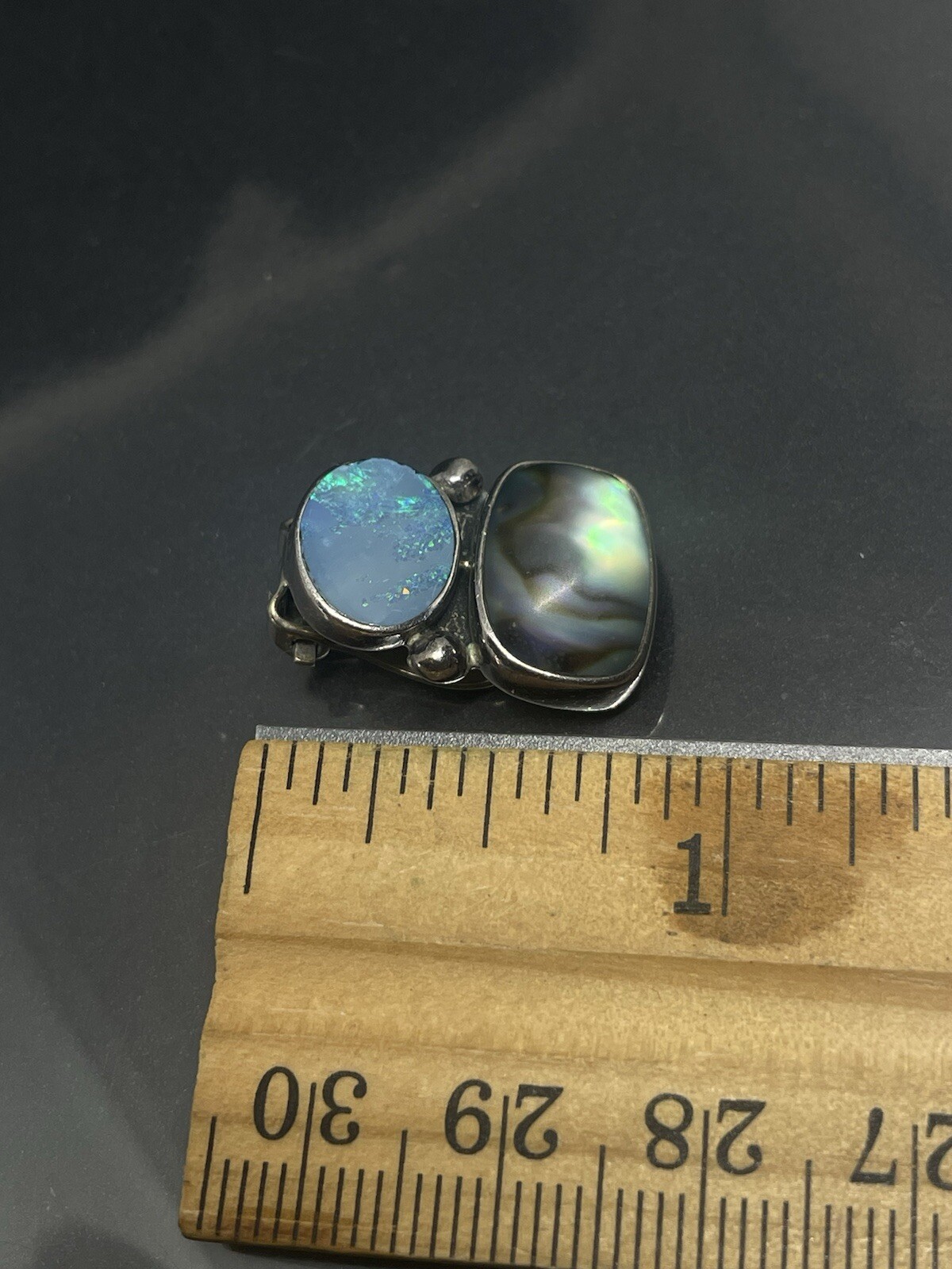 Amy Kahn Russell AKR Sterling Silver 925 Blue Opal Abalone Drop Clip On Earrings