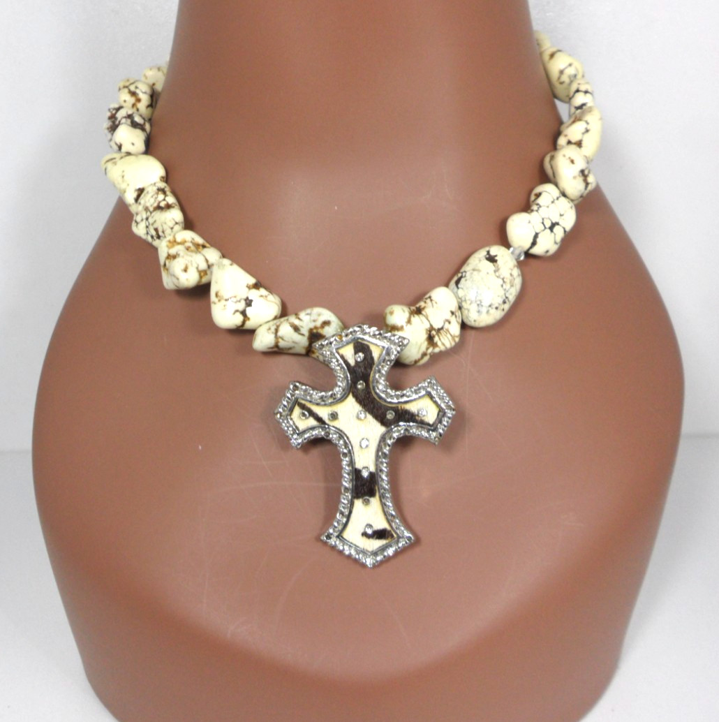 Cowhide Cross Pendant Necklace White Turquoise Nugget Beads Country Cow Girl Vtg
