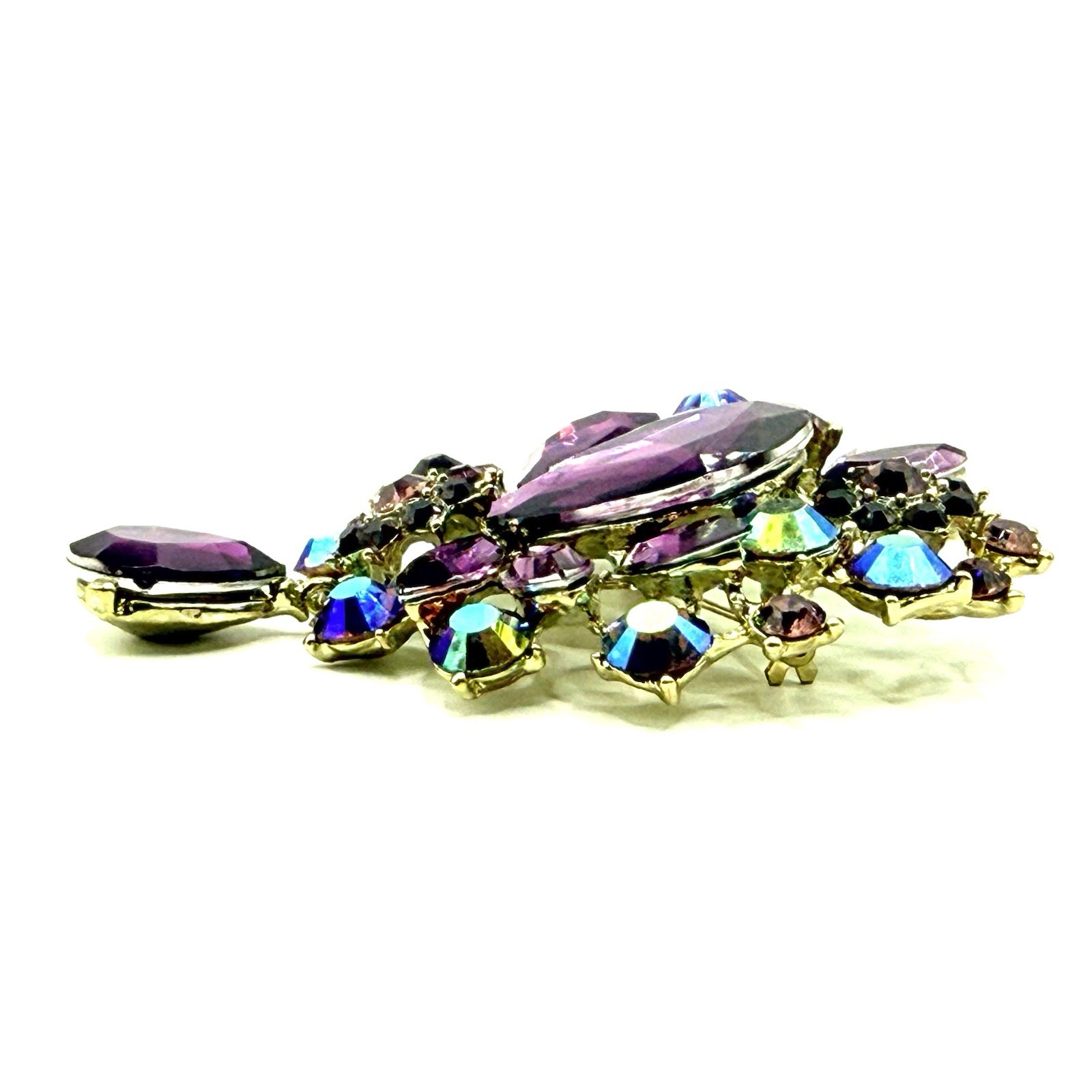 Modern Goldtone Brooch Pendant LG Purple Pink AB Rhinestone Bouquet Teardrop Z