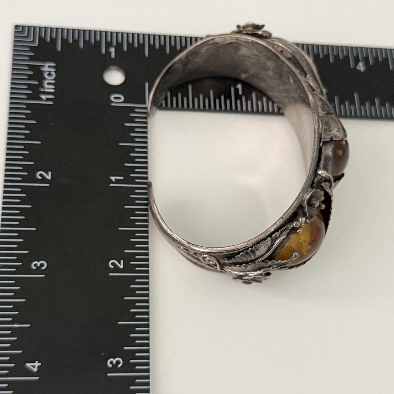 Vintage Sterling Silver Big Chunky Amber Leaf Southwest Cuff Bracelet Heavy