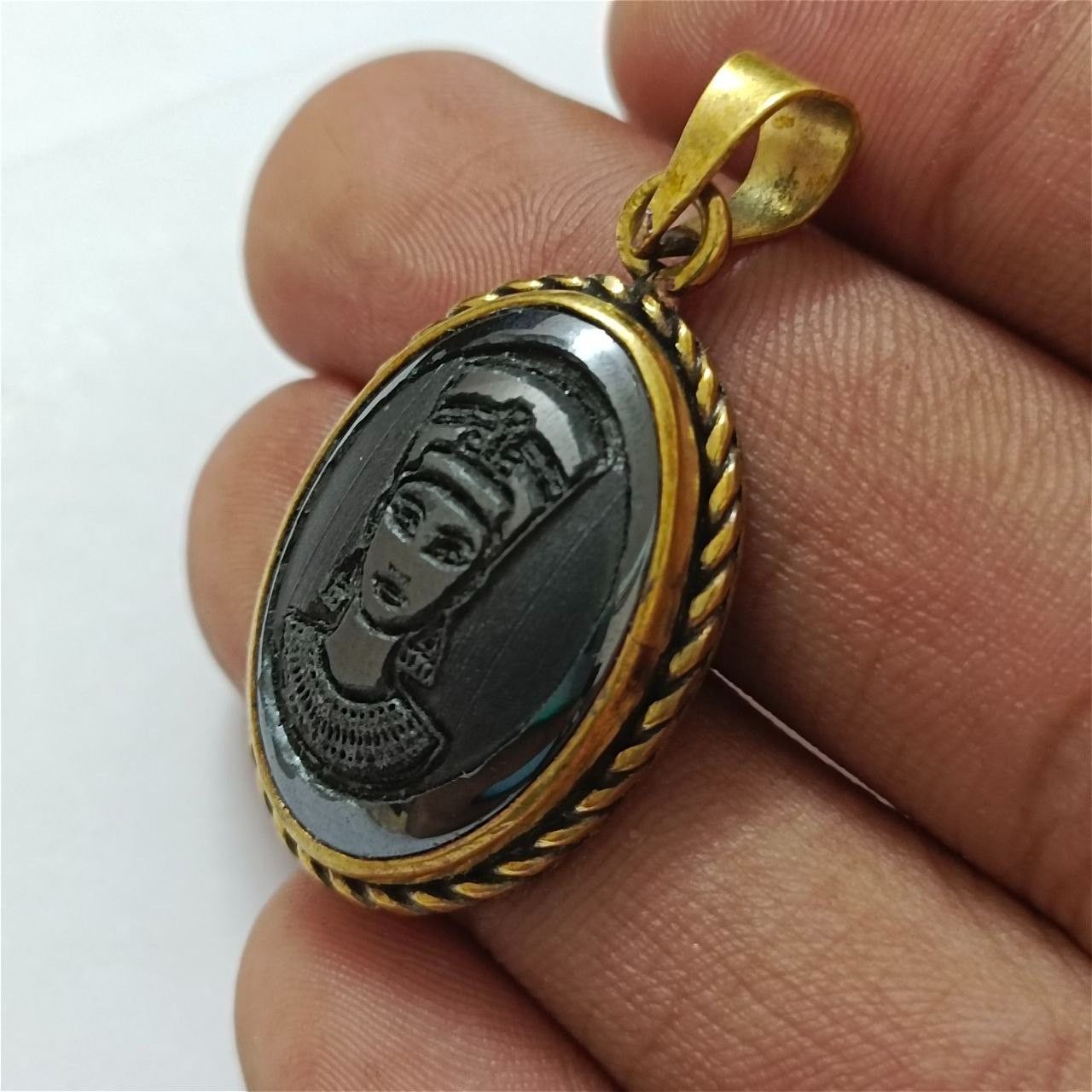 Vintage copper pendant with hematite stone, engraved Egyptian Queen design