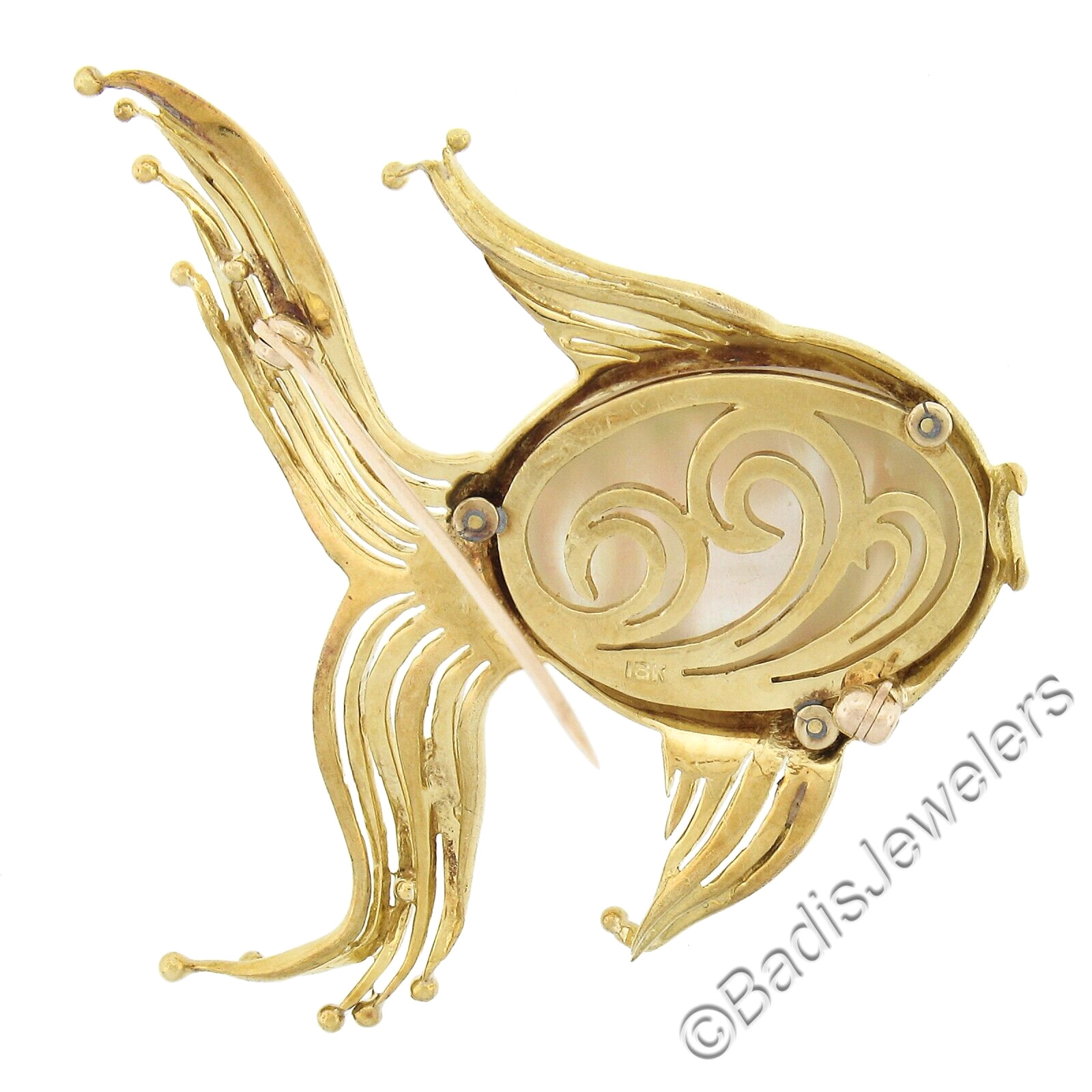 Gold Mabe Pearl & Turquoise Free Form Textured Detailed Fish Pin Brooch