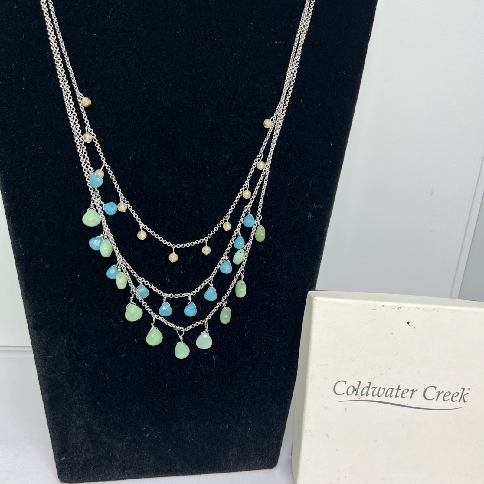 Coldwater Creek Vintage Multi Strand Silver Tone Blue Green Bead Necklace W/ Box
