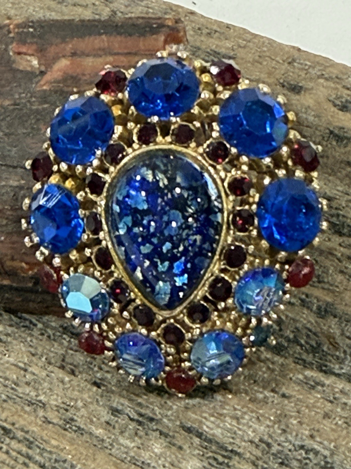 Vintage Brooch Center Teardrop Colbalt Blue AB Rhinestone Ruby Red Accent Stones