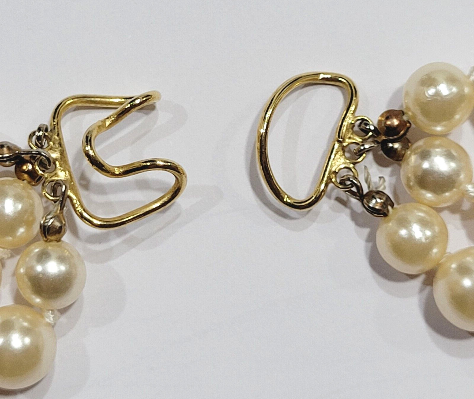 Triple Strand Off White Faux Pearl Knotted Necklace with Gold Tone Clasp 15 Inch