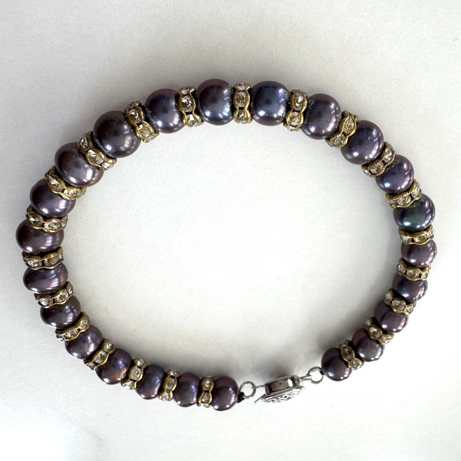 VTG Freshwater Pearl Bracelet Peacock Purple Rhinestone Rondelles Box Clasp 7.5”